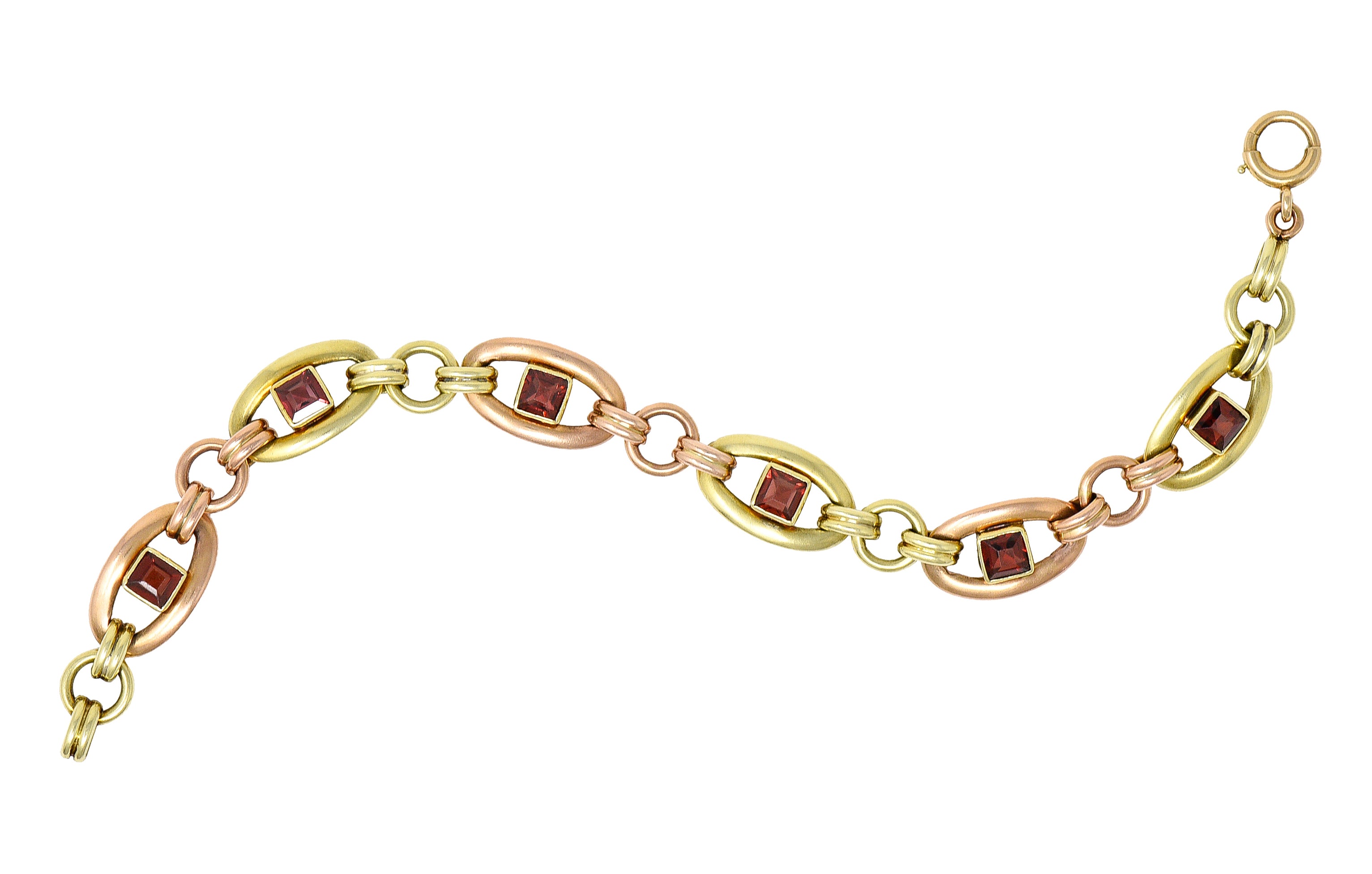 1940's Retro Garnet 14 Karat Two-Tone Gold Gemstone Link Bracelet Wilson's Estate Jewelry