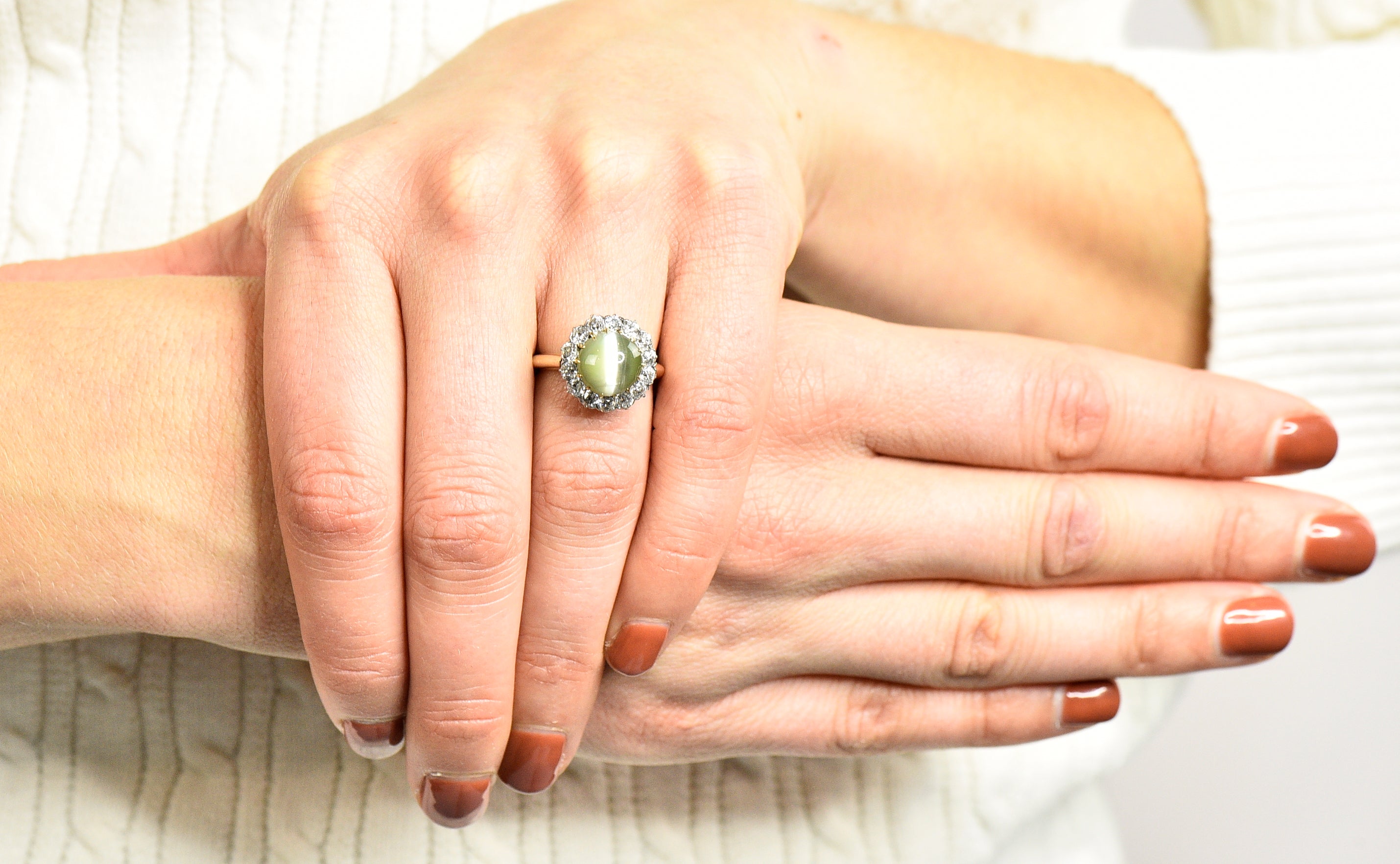 Edwardian Cat's Eye Chrysoberyl Diamond Platinum Cluster RingRing - Wilson's Estate Jewelry