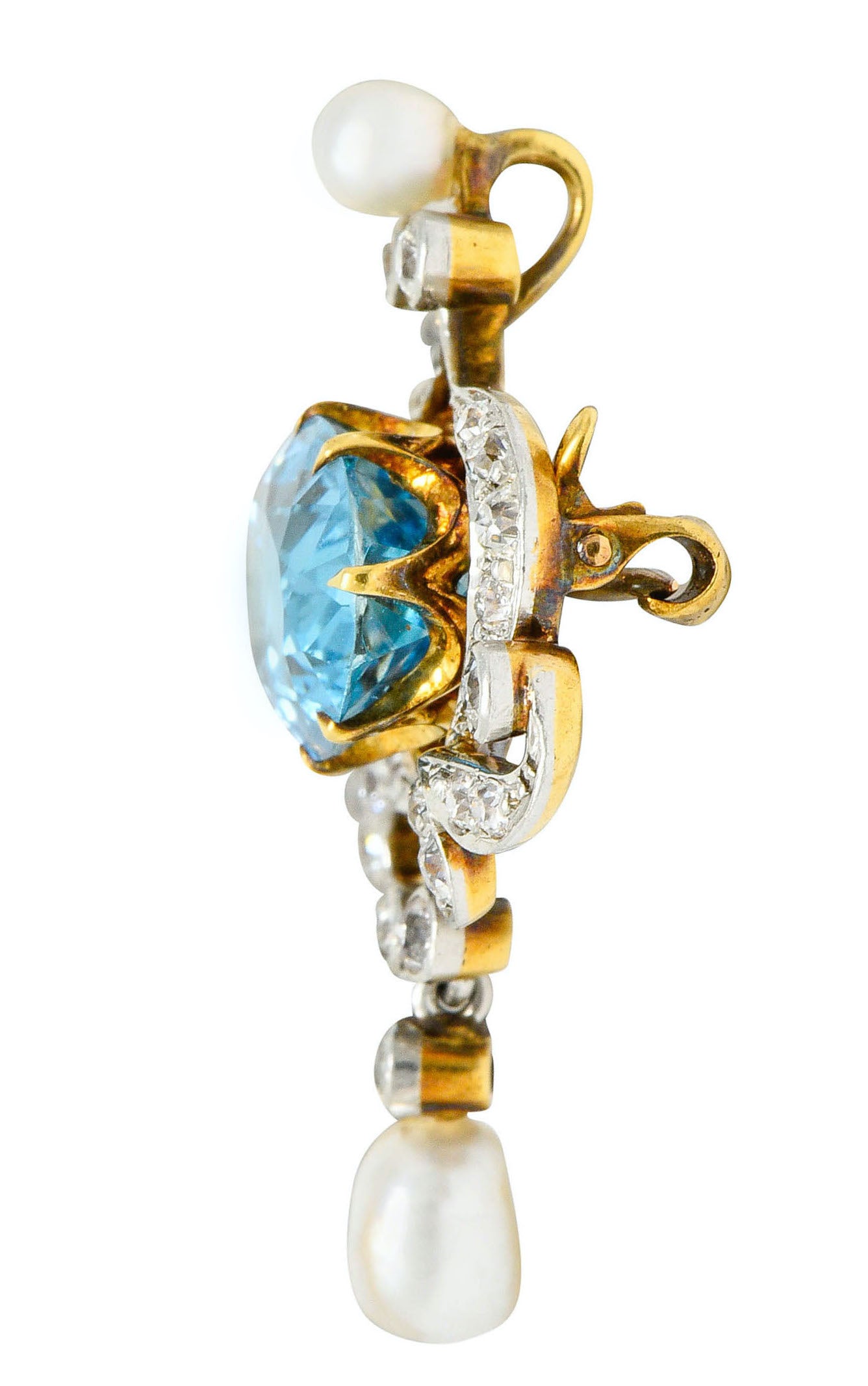 Edwardian 5.45 CTW Aquamarine Diamond Pearl Platinum-Topped 18 Karat Gold BroochBrooch - Wilson's Estate Jewelry