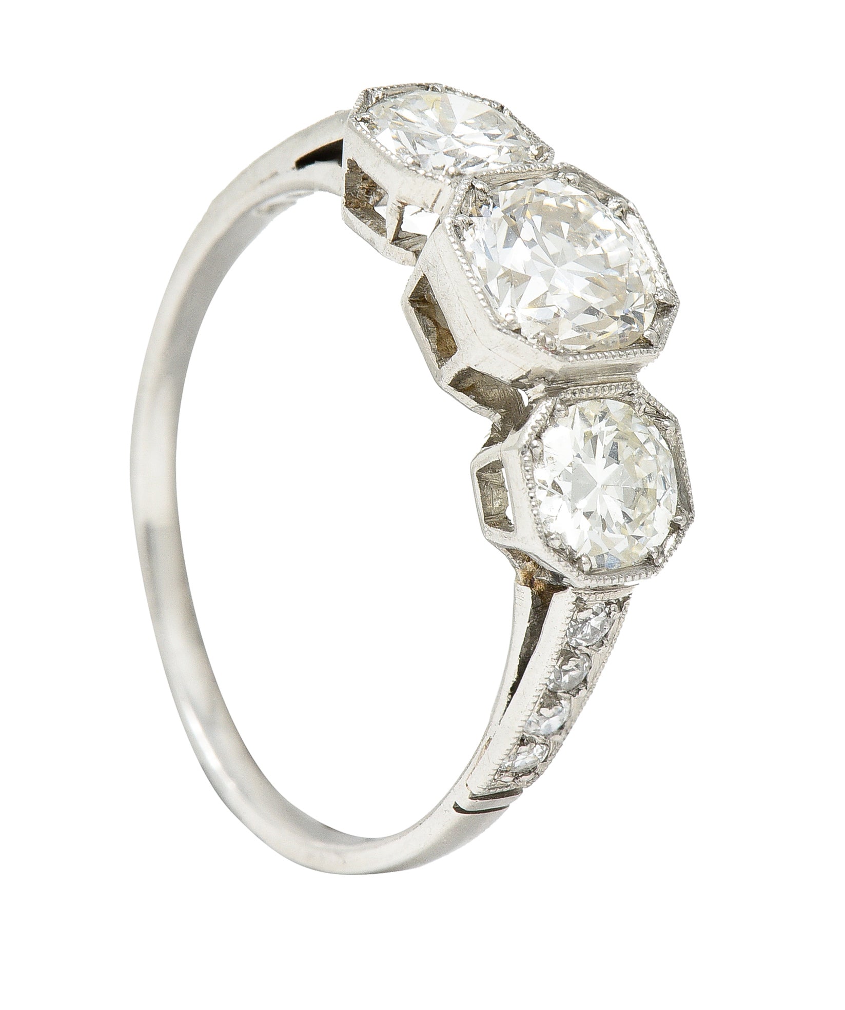 Art Deco 1.34 CTW Old European Cut Diamond Platinum Octagonal Three Stone Alternative Ring Wilson's Estate Jewelry