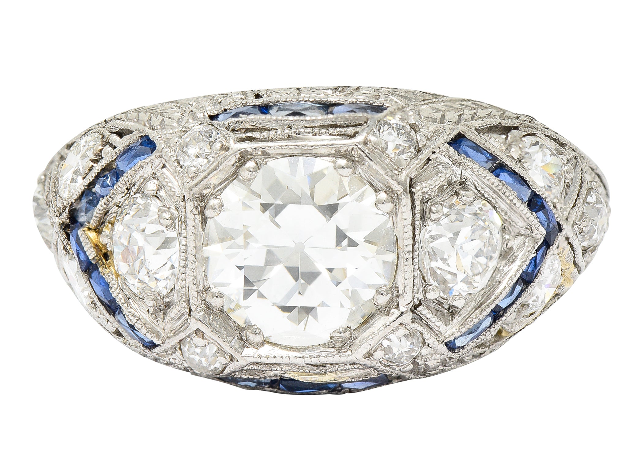 Art Deco 2.18 CTW Diamond Sapphire Platinum Engraved Engagement Ring Wilson's Estate Jewelry