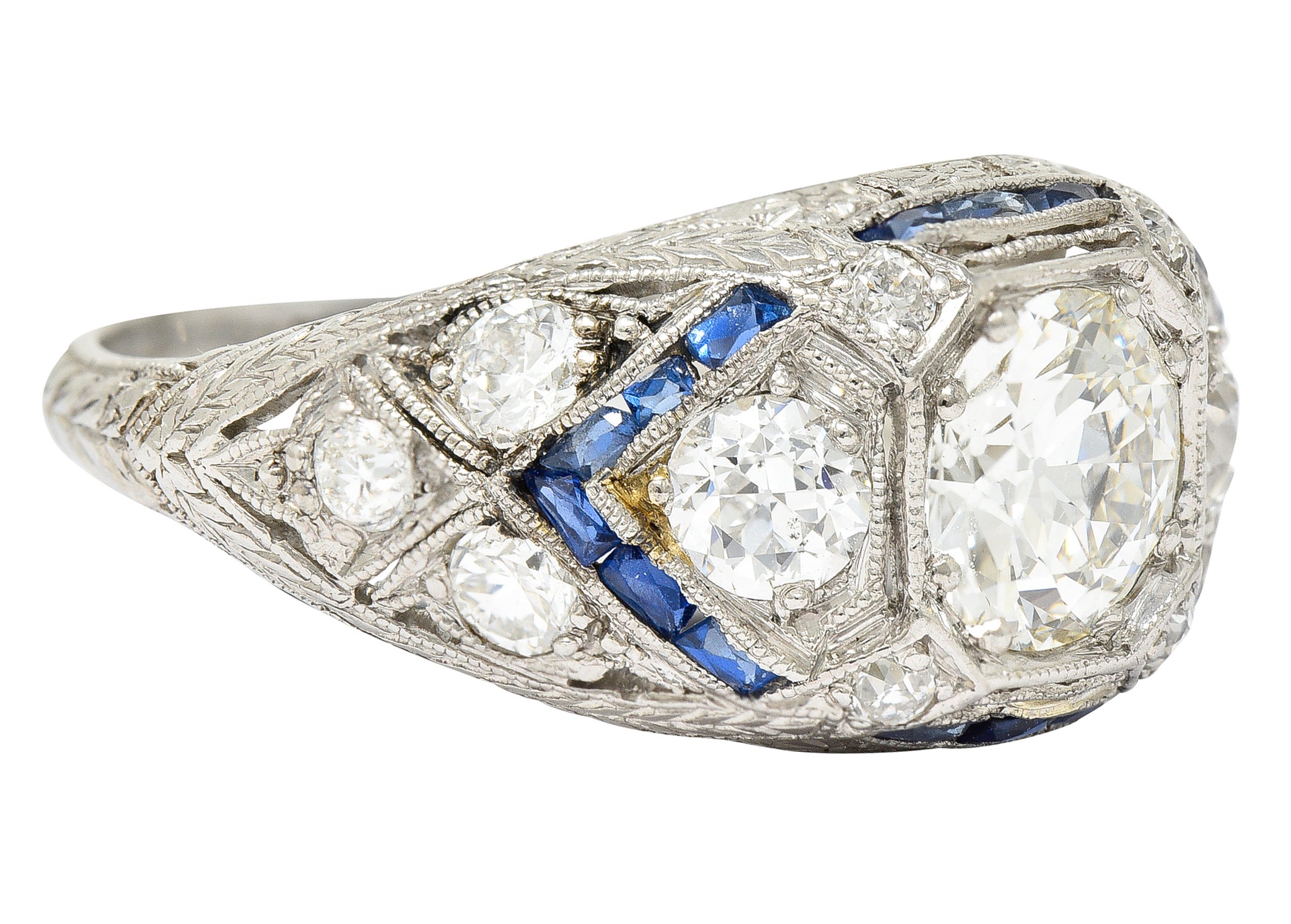 Art Deco 2.18 CTW Diamond Sapphire Platinum Engraved Engagement Ring Wilson's Estate Jewelry