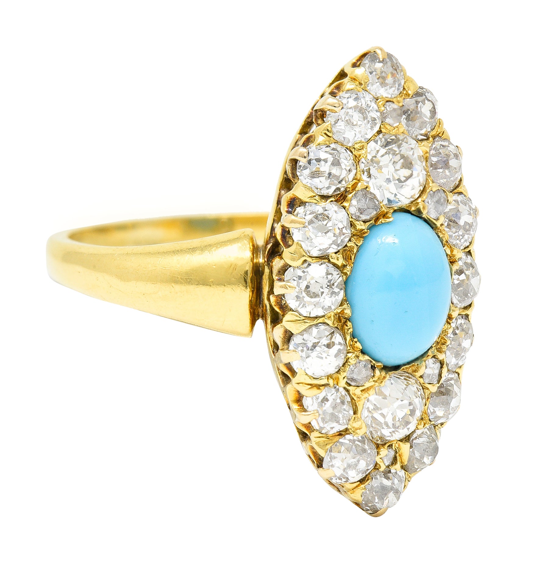 Victorian 1.68 CTW Old European Cut Diamond Turquoise 18 Karat Yellow Gold Antique Navette Cluster Ring Wilson's Estate Jewelry