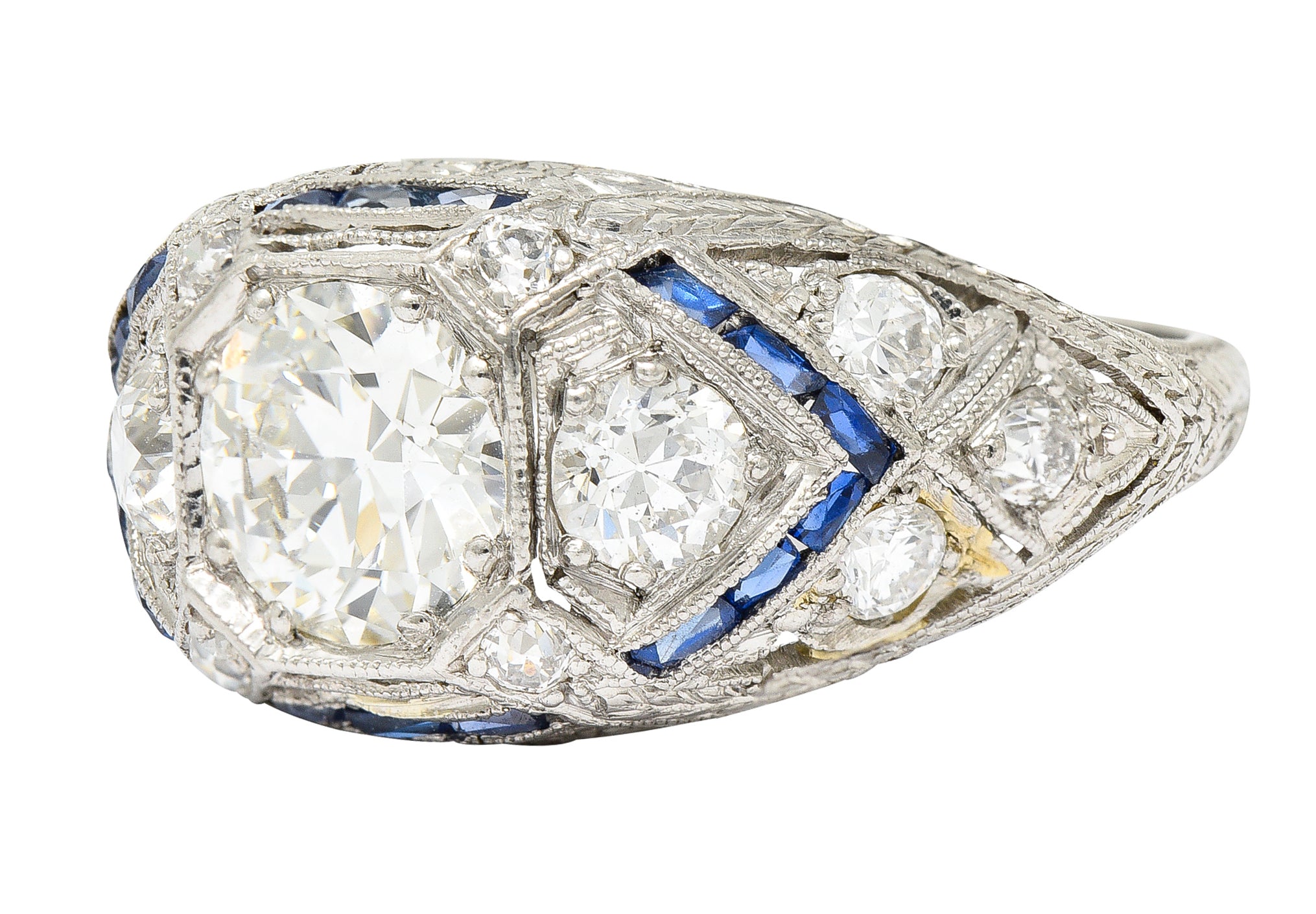 Art Deco 2.18 CTW Diamond Sapphire Platinum Engraved Engagement Ring Wilson's Estate Jewelry