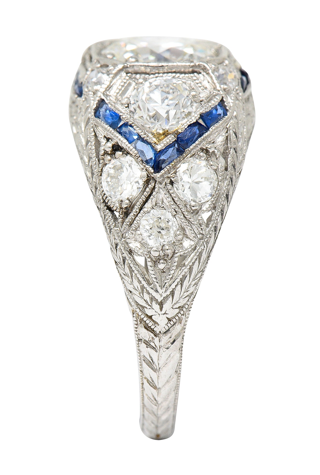 Art Deco 2.18 CTW Diamond Sapphire Platinum Engraved Engagement Ring Wilson's Estate Jewelry