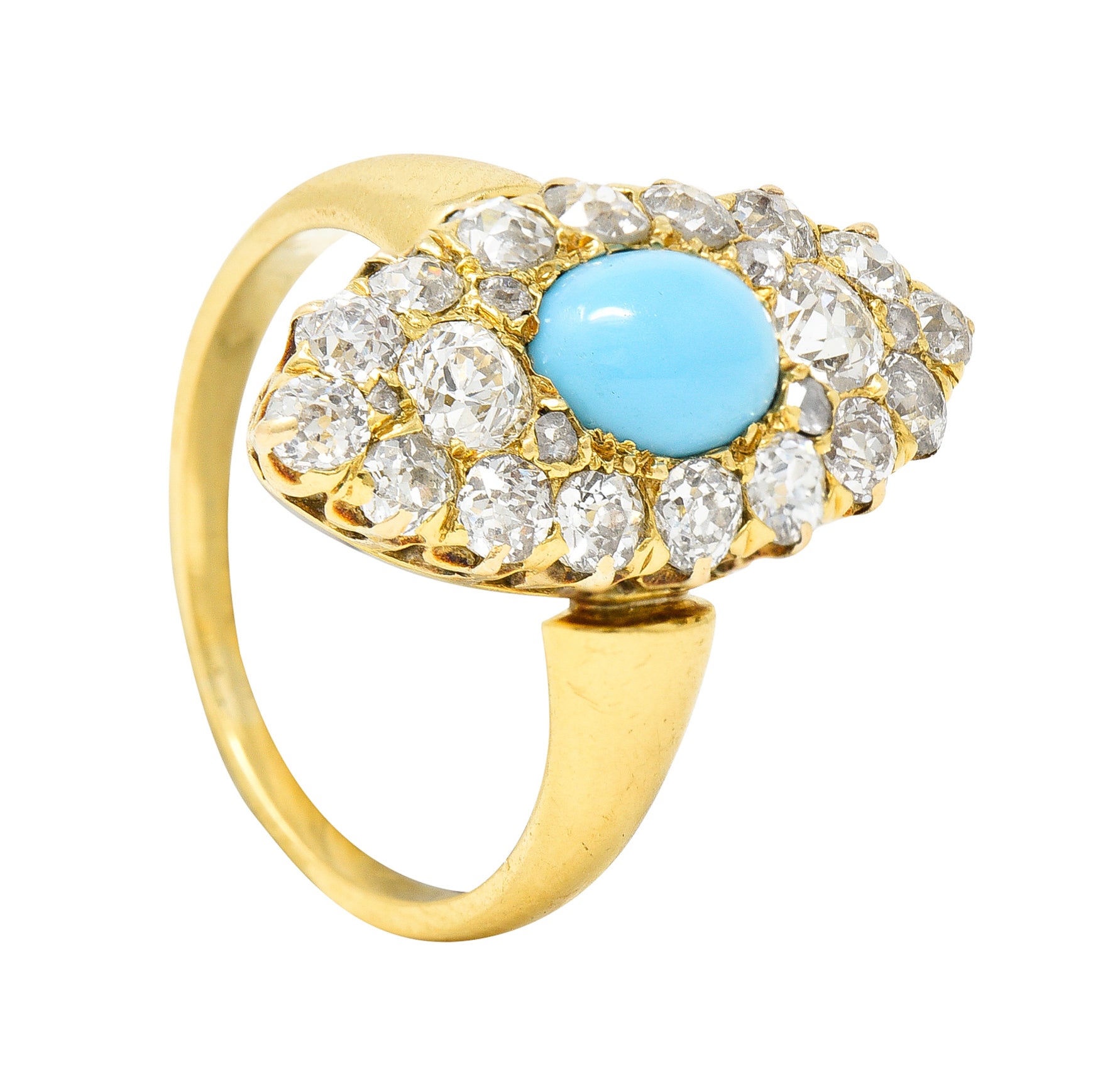 Victorian 1.68 CTW Old European Cut Diamond Turquoise 18 Karat Yellow Gold Antique Navette Cluster Ring Wilson's Estate Jewelry