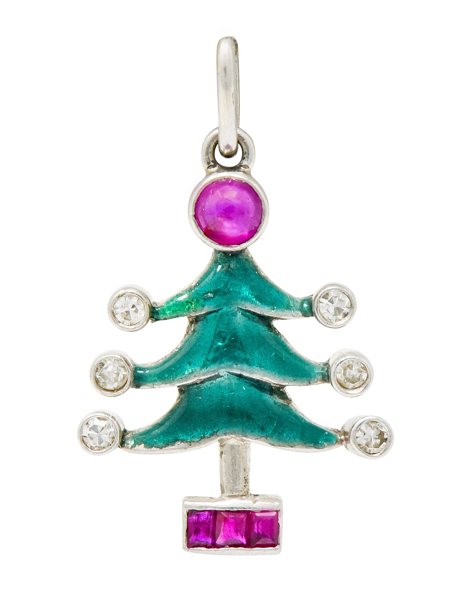 Art Deco Enamel Ruby Diamond Platinum Christmas Tree Charm - Wilson's Estate Jewelry