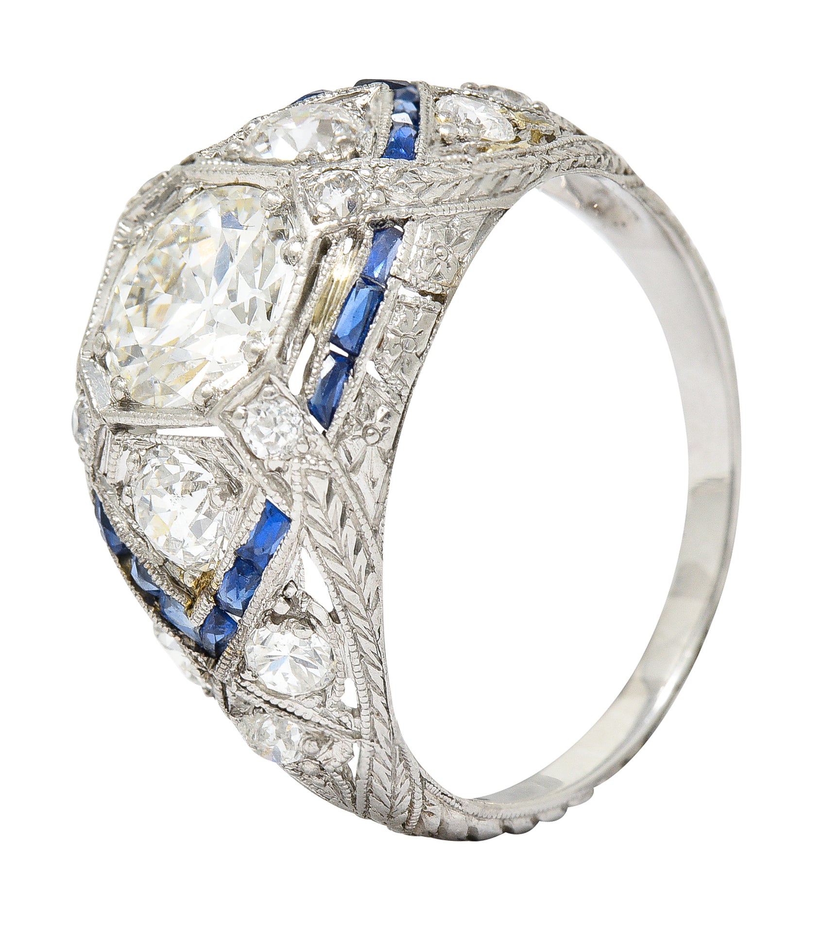 Art Deco 2.18 CTW Diamond Sapphire Platinum Engraved Engagement Ring Wilson's Estate Jewelry