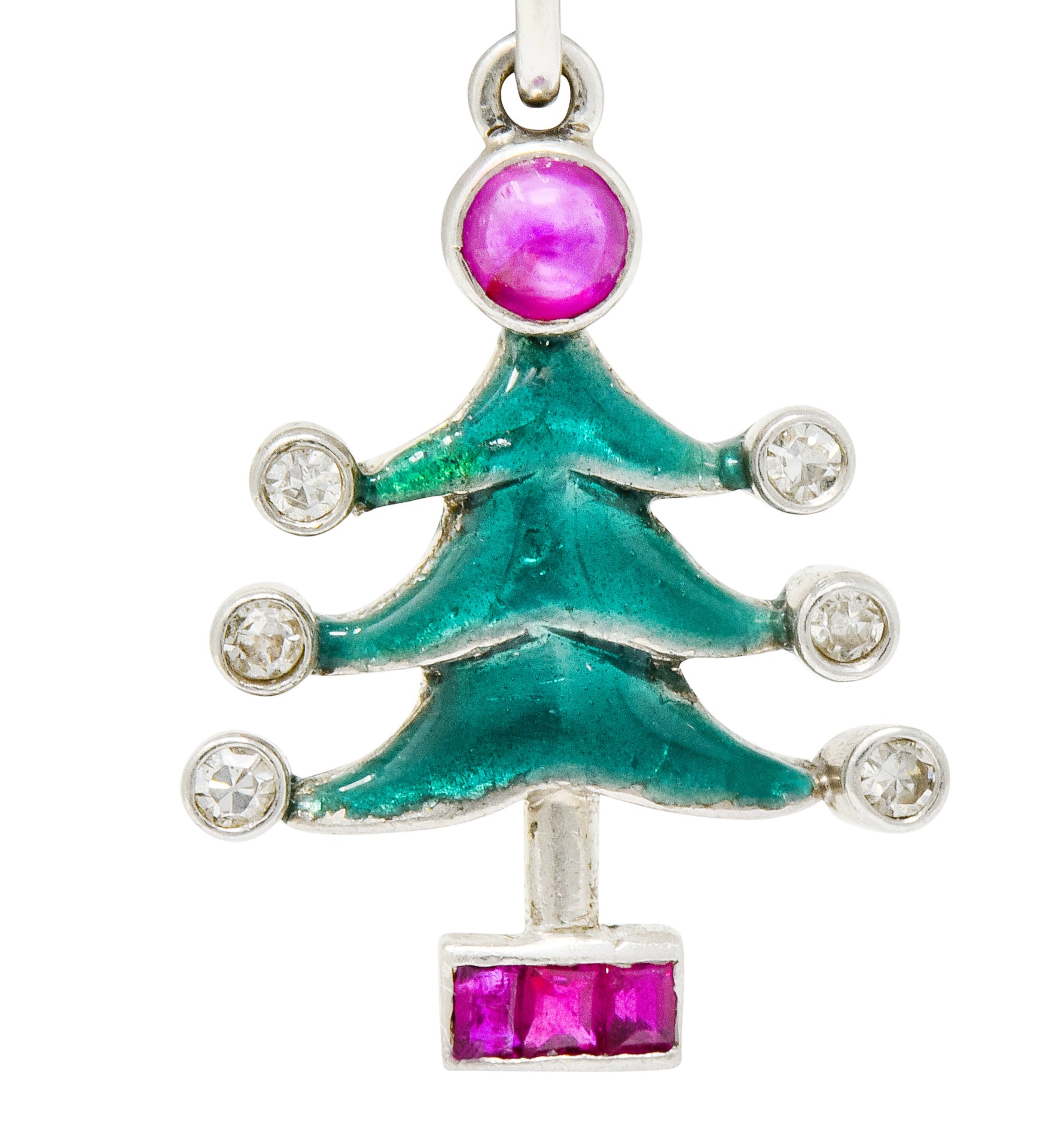 Art Deco Enamel Ruby Diamond Platinum Christmas Tree Charm - Wilson's Estate Jewelry