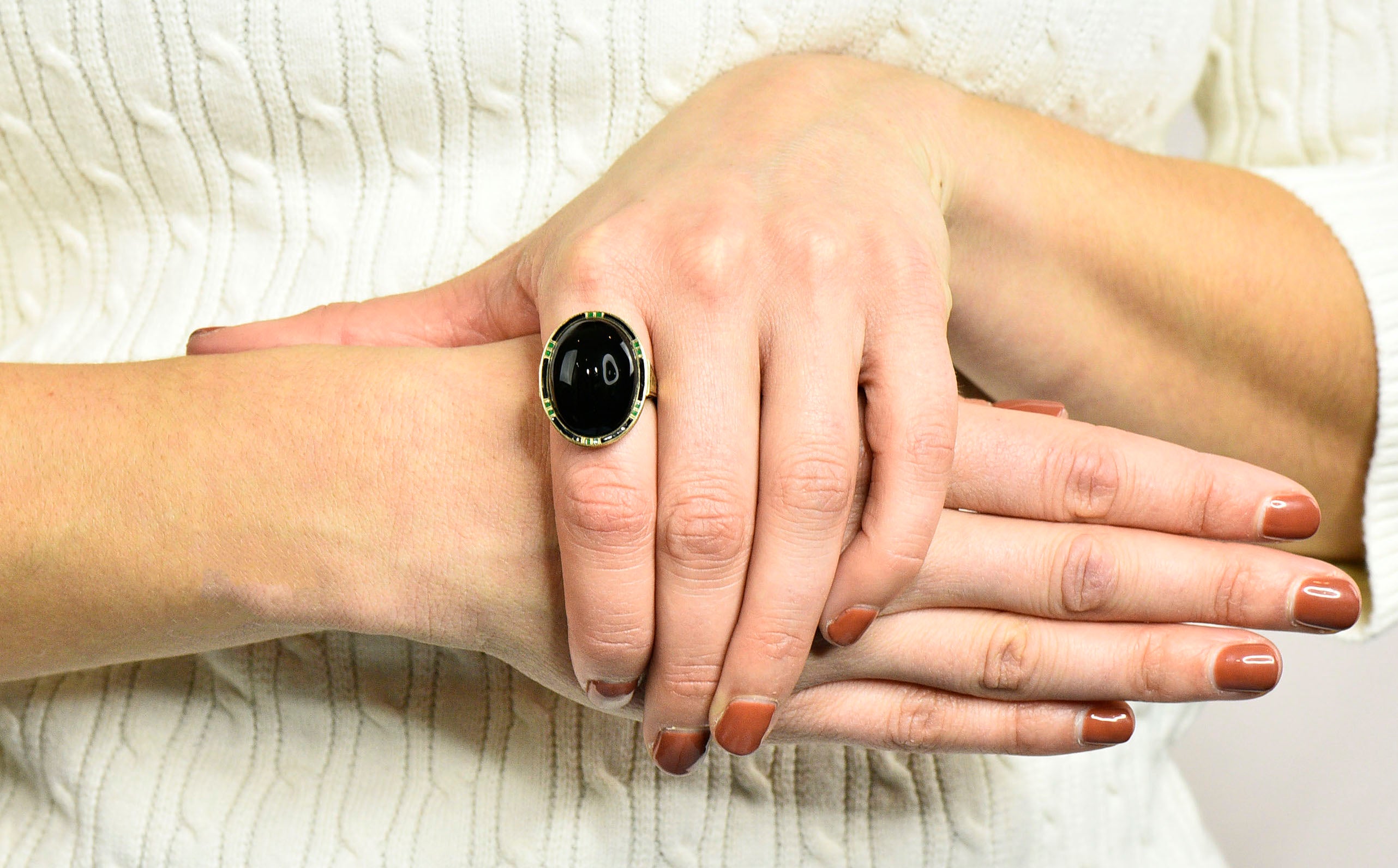 Art Deco Onyx Enamel 14 Karat Gold Cabochon Statement RingRing - Wilson's Estate Jewelry