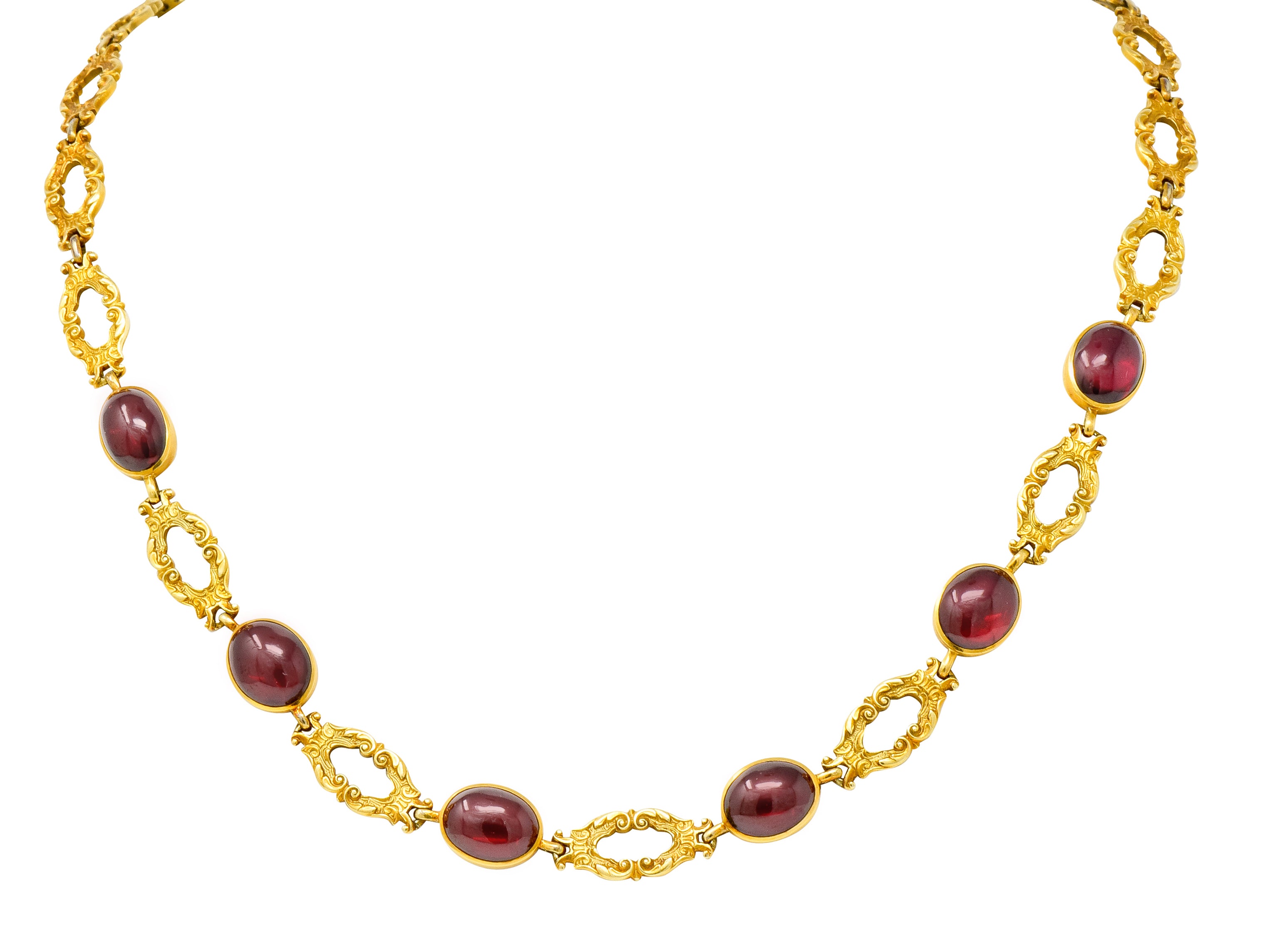 Late Victorian Rhodolite Garnet Cabochon 14 Karat Gold Scrolled Foliate Collar Necklace - Wilson's Estate Jewelry