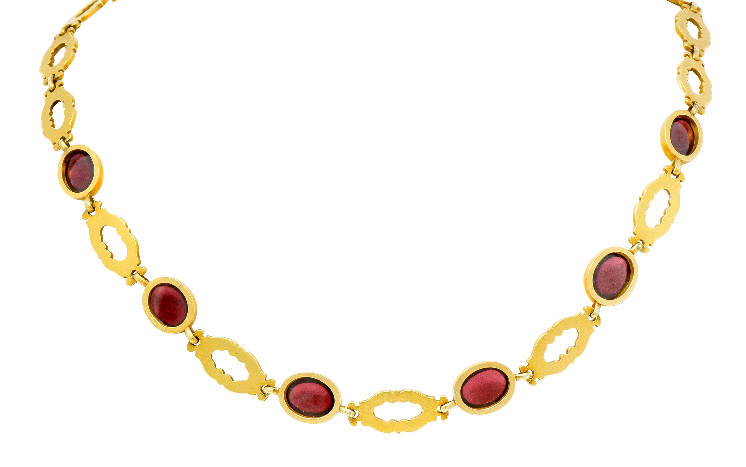 Late Victorian Rhodolite Garnet Cabochon 14 Karat Gold Scrolled Foliate Collar Necklace - Wilson's Estate Jewelry