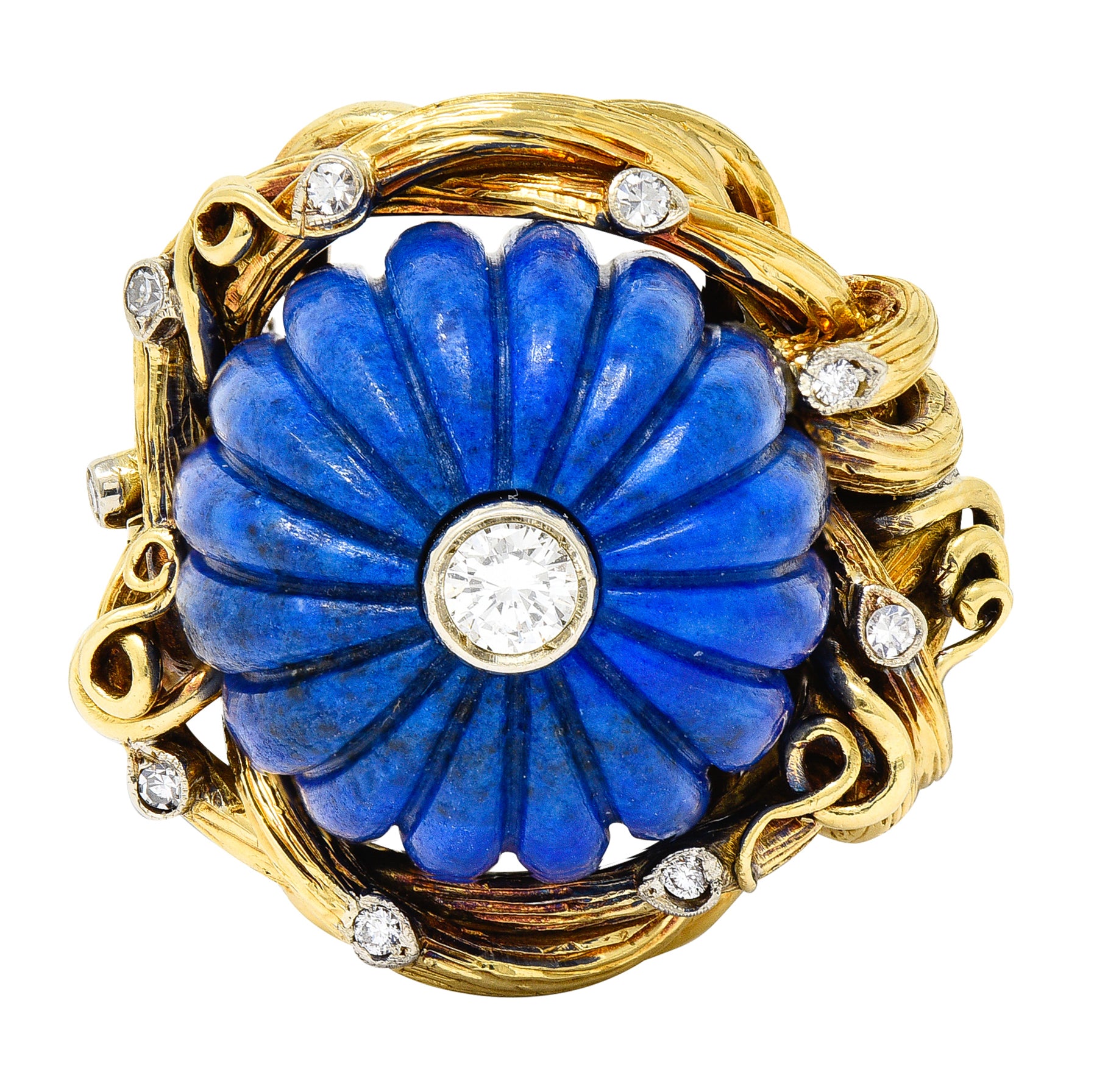 1960's Vintage Carved Lapis Lazuli Diamond 18 Karat Two-Tone Gold Statement Ring Wilson's Estate Jewelry