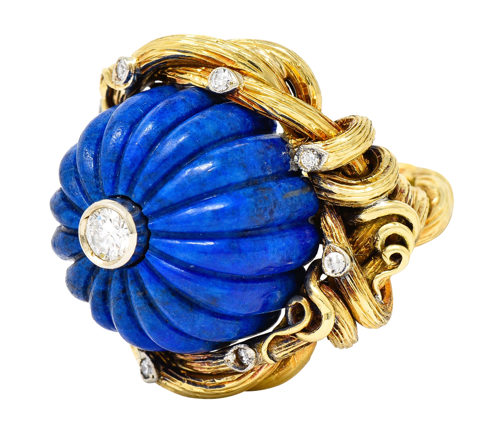 1960's Vintage Carved Lapis Lazuli Diamond 18 Karat Two-Tone Gold Statement Ring Wilson's Estate Jewelry