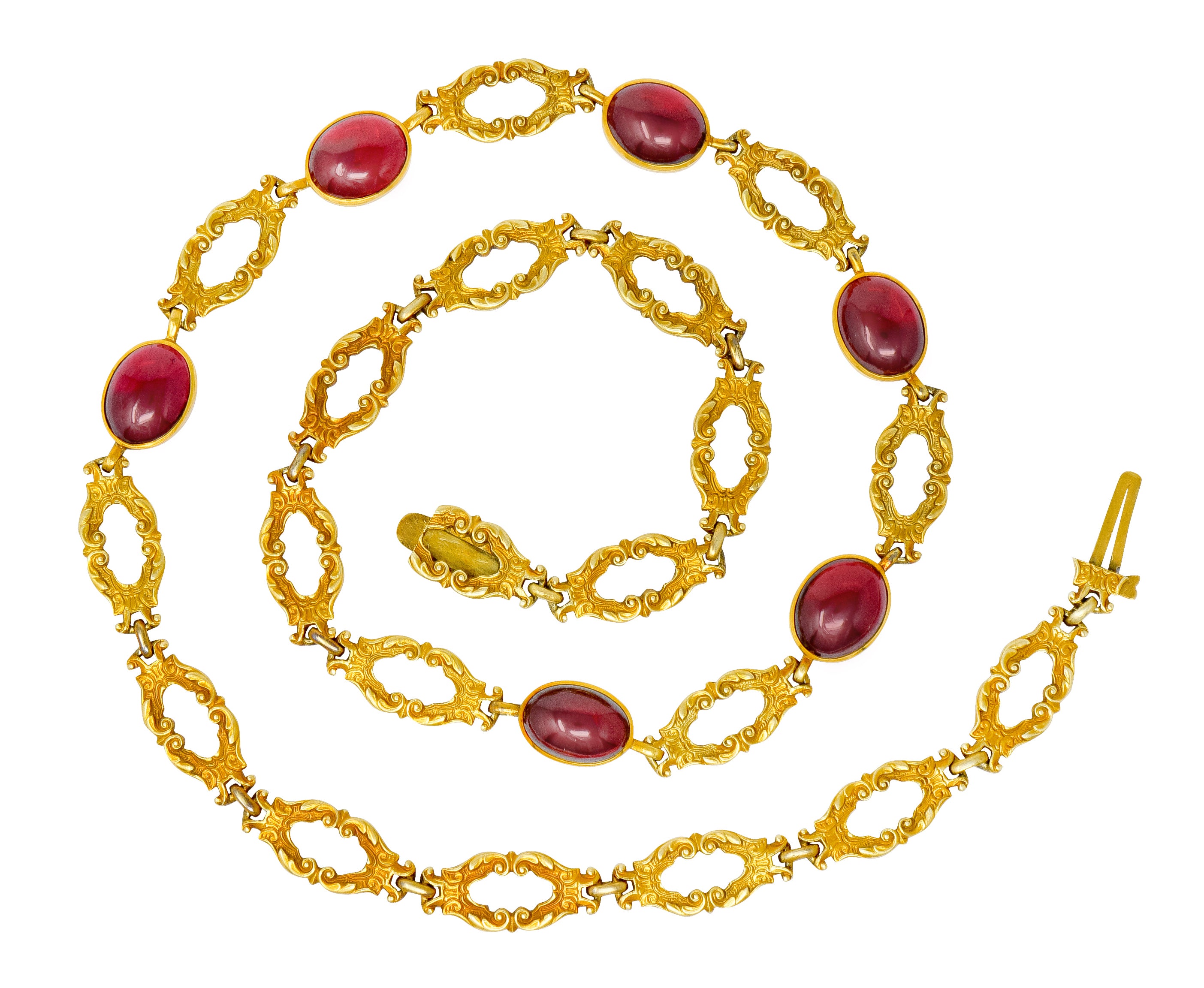 Late Victorian Rhodolite Garnet Cabochon 14 Karat Gold Scrolled Foliate Collar Necklace - Wilson's Estate Jewelry