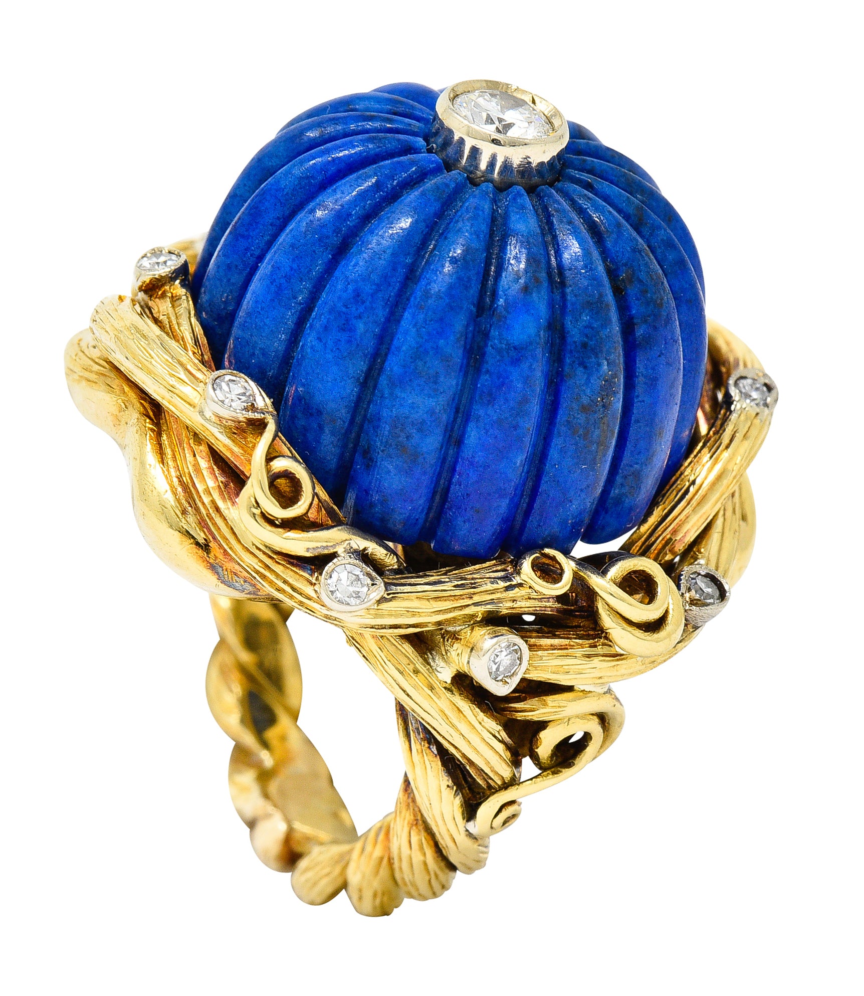 1960's Vintage Carved Lapis Lazuli Diamond 18 Karat Two-Tone Gold Statement Ring Wilson's Estate Jewelry