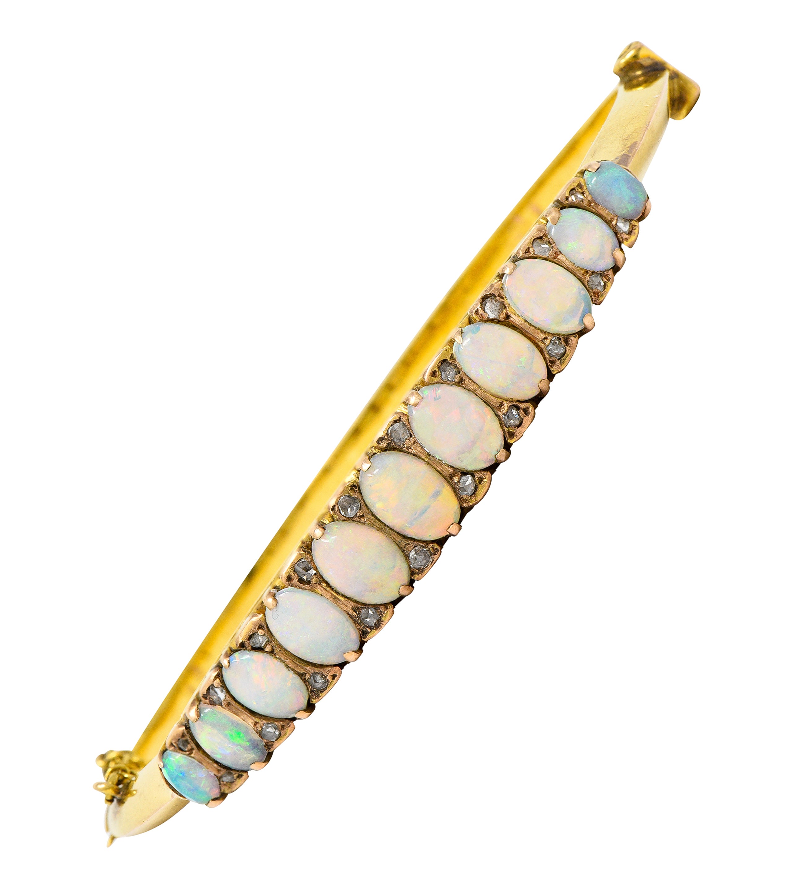 Victorian Diamond Opal 14 Karat Yellow Gold Scroll Bangle Bracelet Wilson's Estate Jewelry