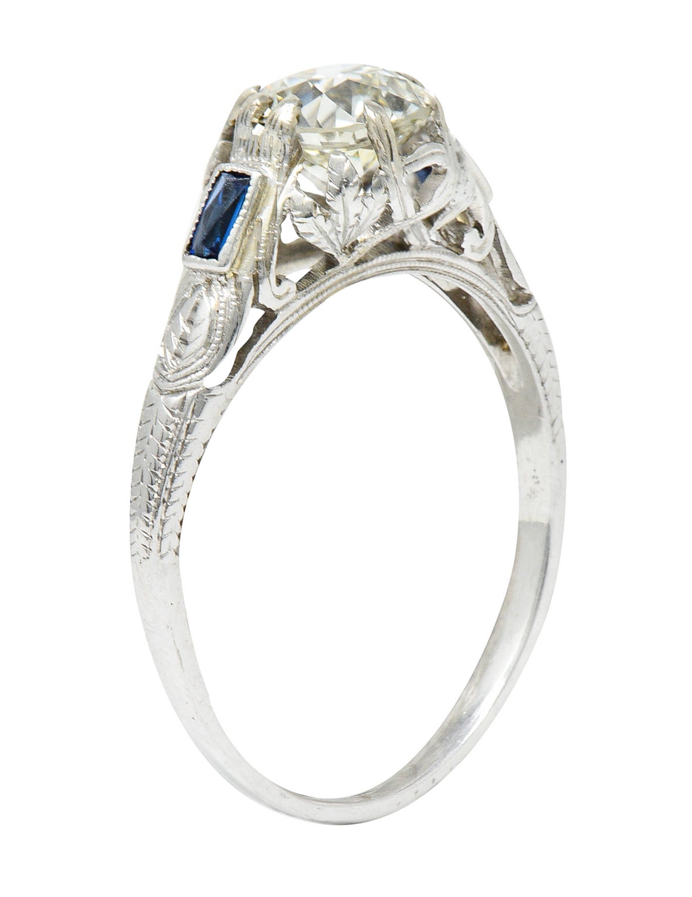 Art Deco 1.23 CTW Diamond Sapphire 14 Karat White Gold Foliate Engagement Ring GIARing - Wilson's Estate Jewelry