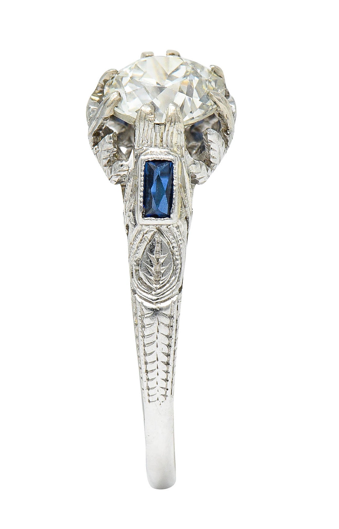 Art Deco 1.23 CTW Diamond Sapphire 14 Karat White Gold Foliate Engagement Ring GIARing - Wilson's Estate Jewelry