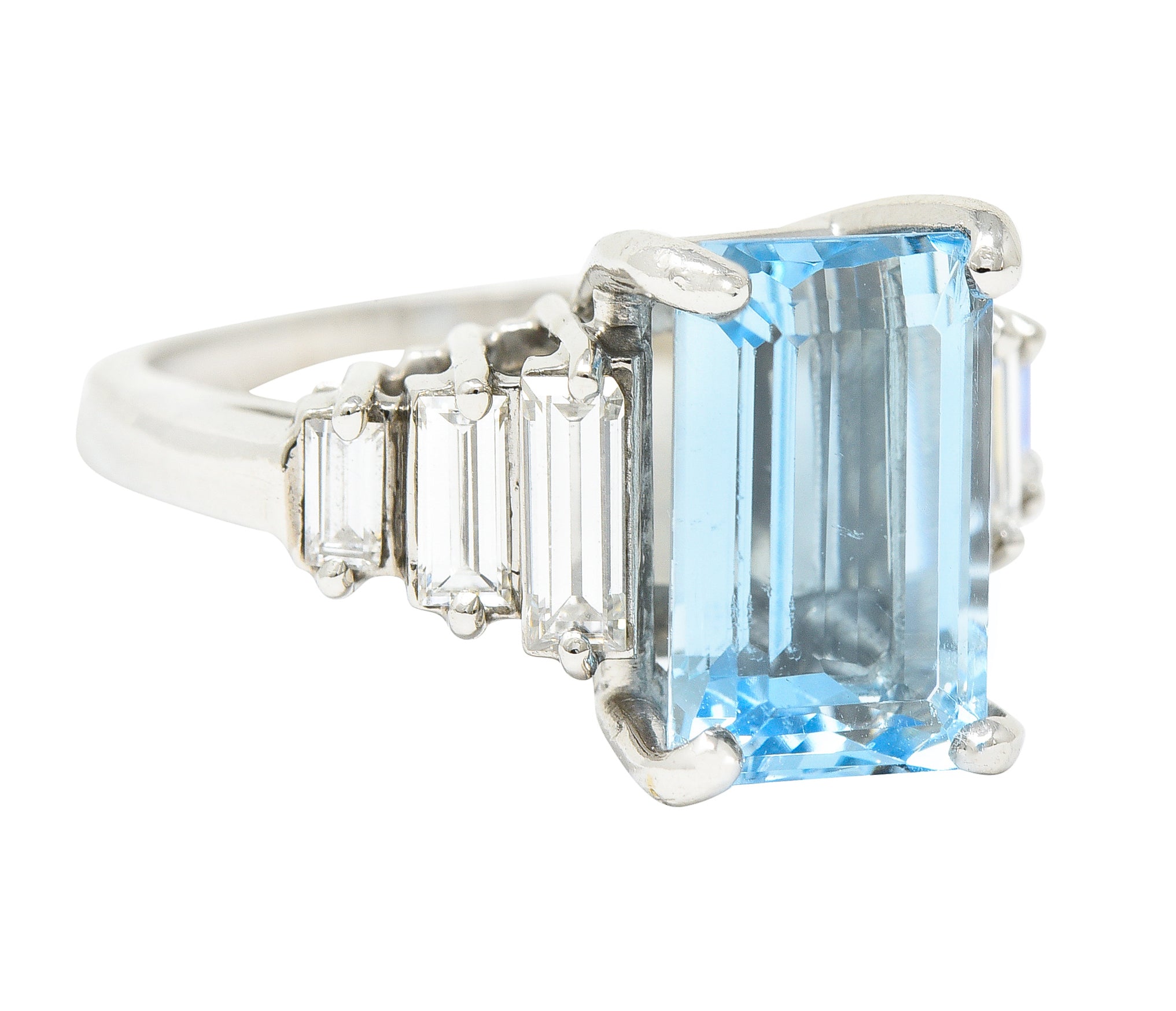 1950's 4.53 CTW Emerald Cut Aquamarine Baguette Cut Diamond Platinum Stepped Vintage Cocktail Ring Wilson's Estate Jewelry