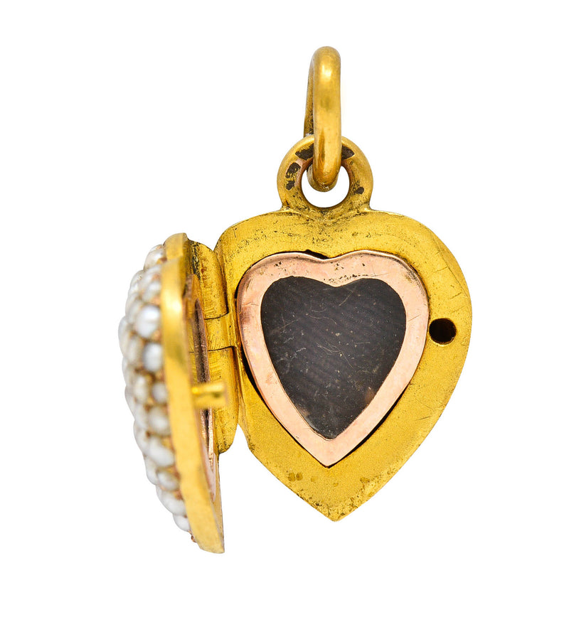 1900 Victorian Natural Freshwater Pearl 18 Karat Gold Heart Locket Charmcharm - Wilson's Estate Jewelry