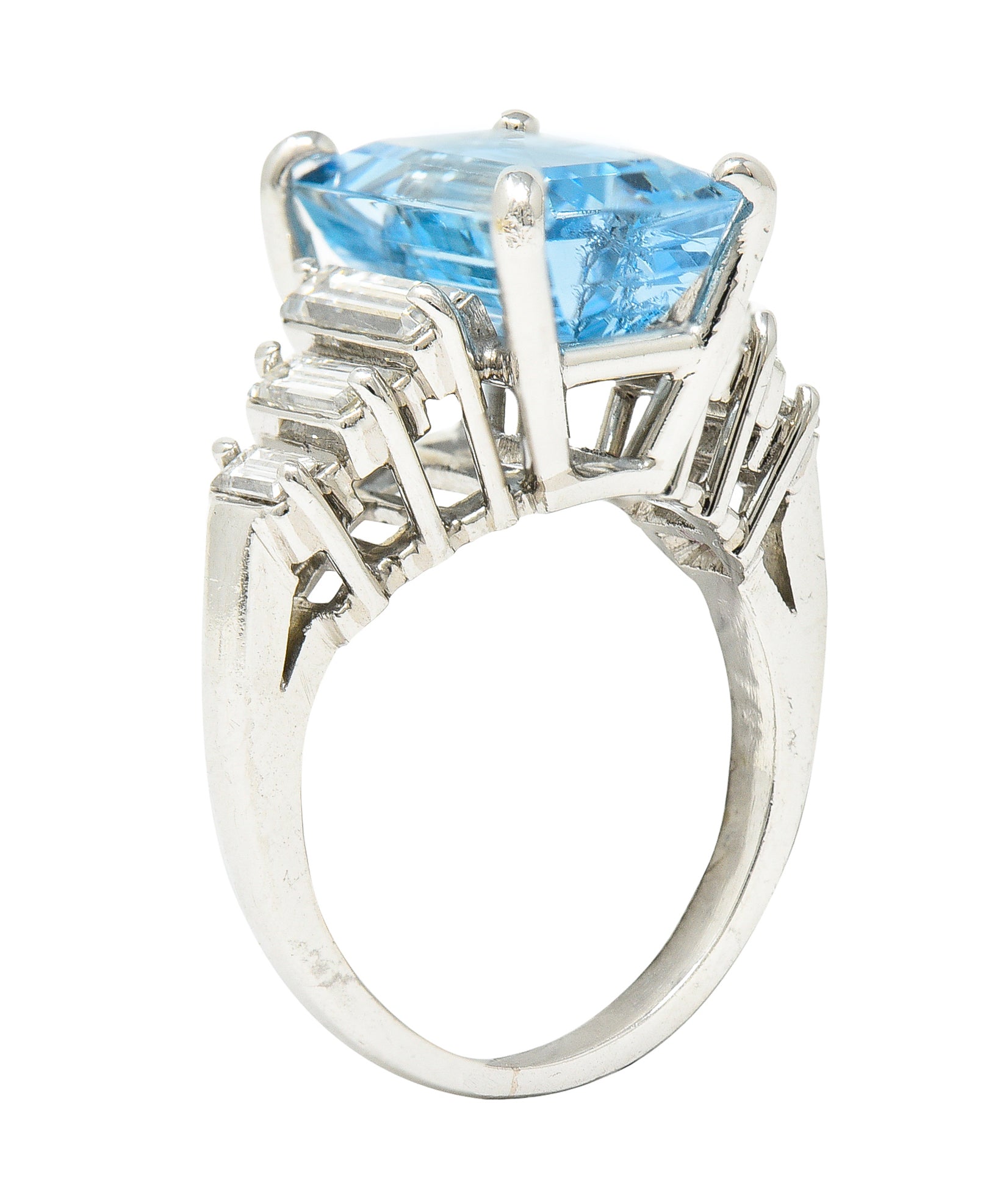 1950's 4.53 CTW Emerald Cut Aquamarine Baguette Cut Diamond Platinum Stepped Vintage Cocktail Ring Wilson's Estate Jewelry