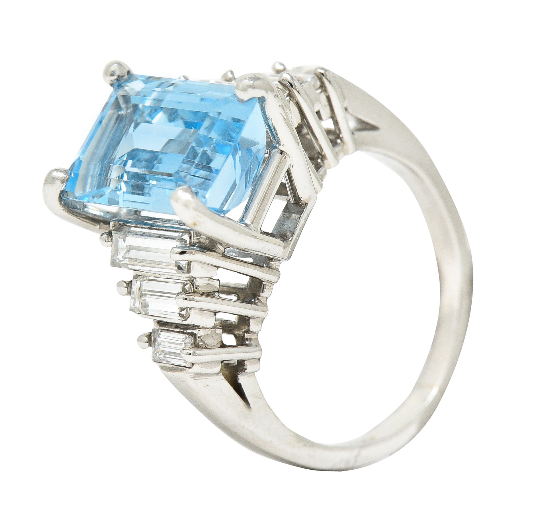 1950's 4.53 CTW Emerald Cut Aquamarine Baguette Cut Diamond Platinum Stepped Vintage Cocktail Ring Wilson's Estate Jewelry