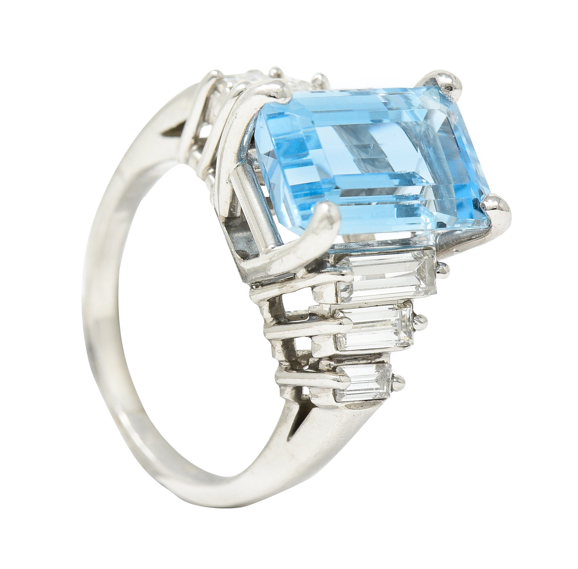 1950's 4.53 CTW Emerald Cut Aquamarine Baguette Cut Diamond Platinum Stepped Vintage Cocktail Ring Wilson's Estate Jewelry