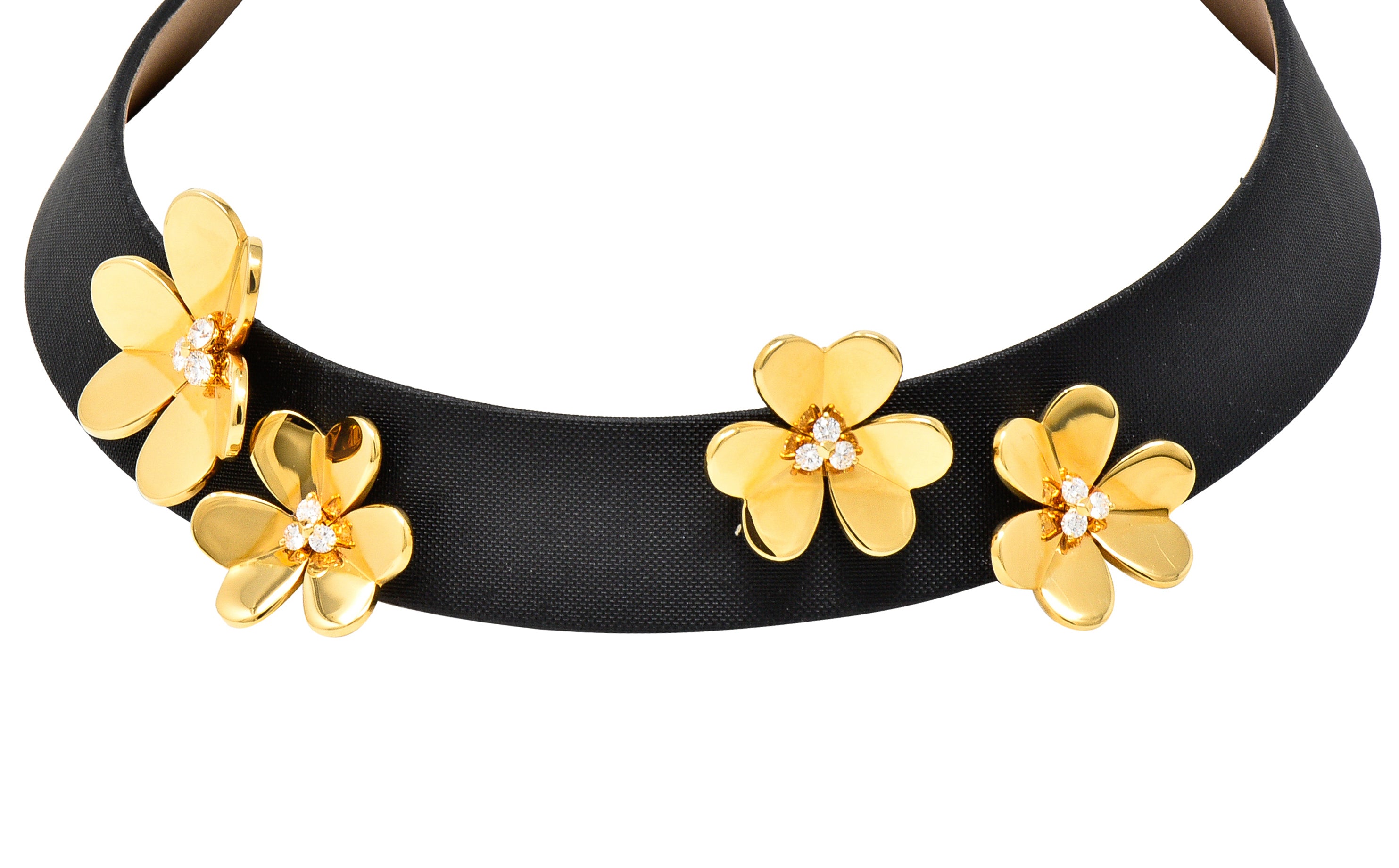 Van Cleef & Arpels Diamond 18 Karat Yellow Gold Silk Leather Frivole French Clover Vintage  Collar Necklace Wilson's Estate Jewelry