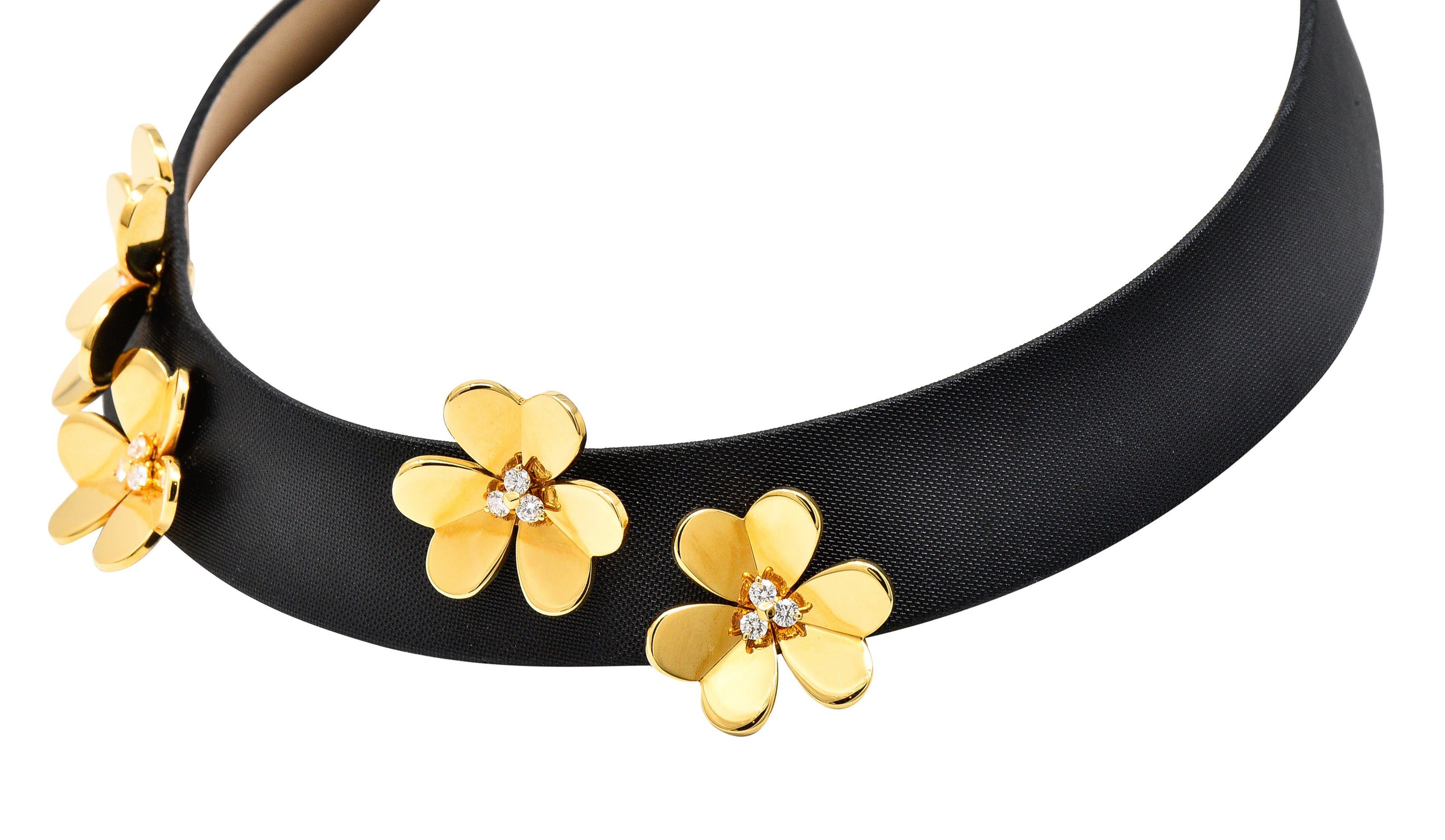 Van Cleef & Arpels Diamond 18 Karat Yellow Gold Silk Leather Frivole French Clover Vintage  Collar Necklace Wilson's Estate Jewelry