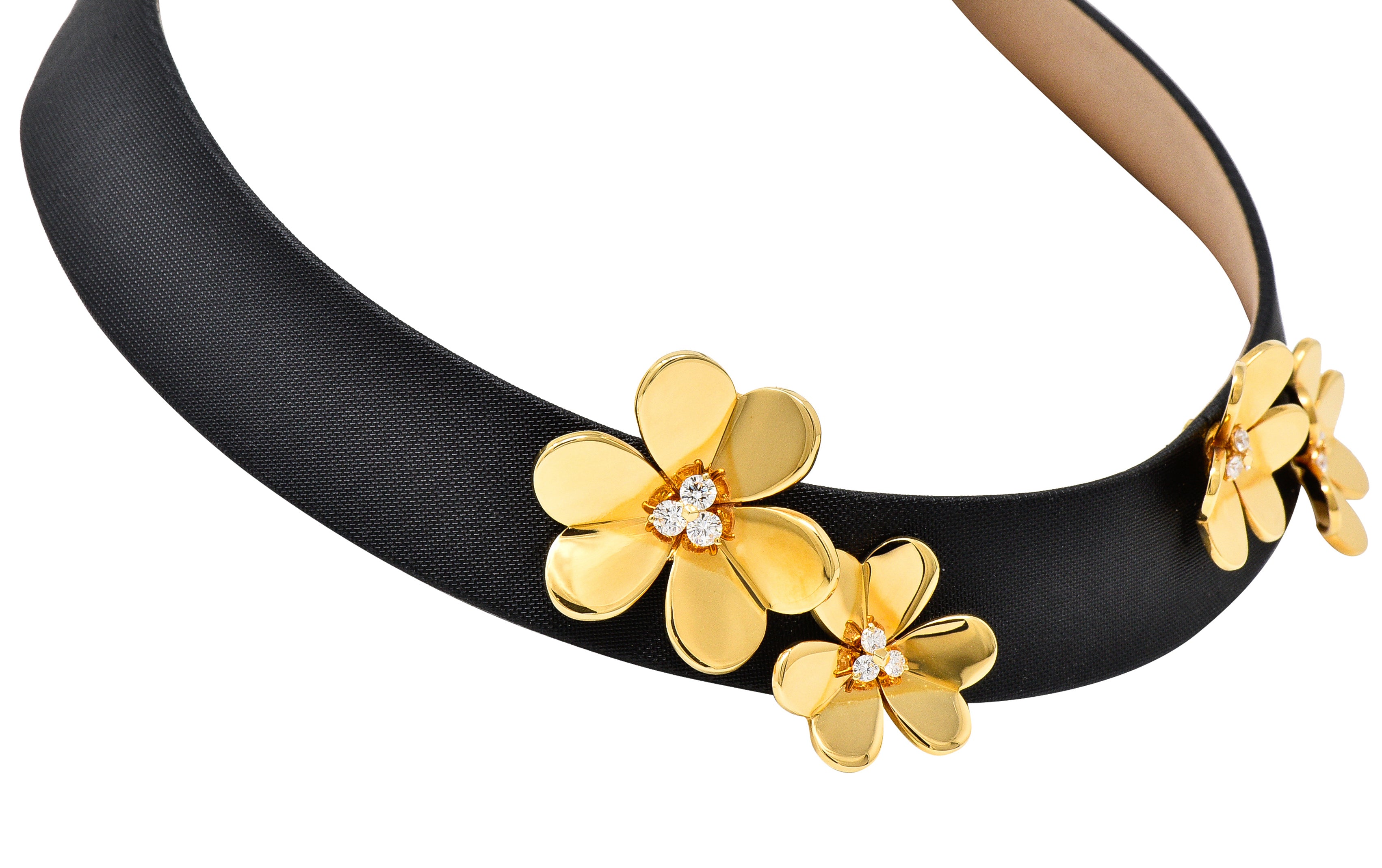 Van Cleef & Arpels Diamond 18 Karat Yellow Gold Silk Leather Frivole French Clover Vintage  Collar Necklace Wilson's Estate Jewelry