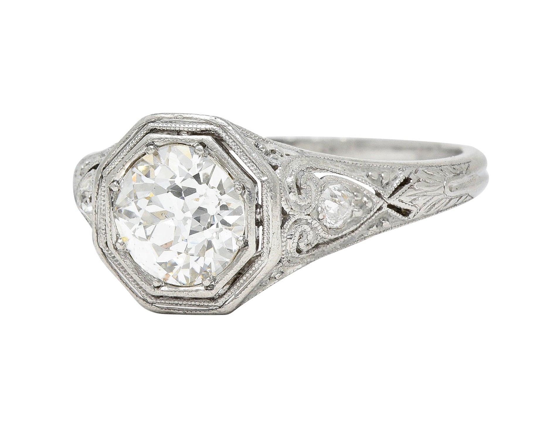 1920's Art Deco 1.27 CTW Diamond Platinum Scrolling Heart Engagement RingRing - Wilson's Estate Jewelry