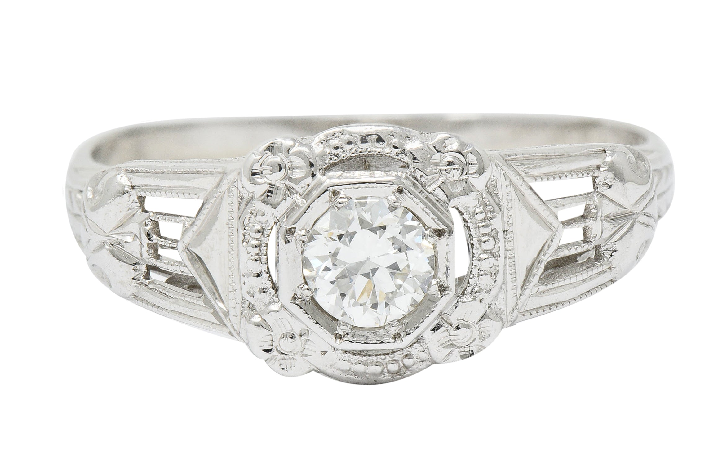 Art Deco Diamond 18 Karat White Gold Orange Blossom Halo Engagement RingRing - Wilson's Estate Jewelry