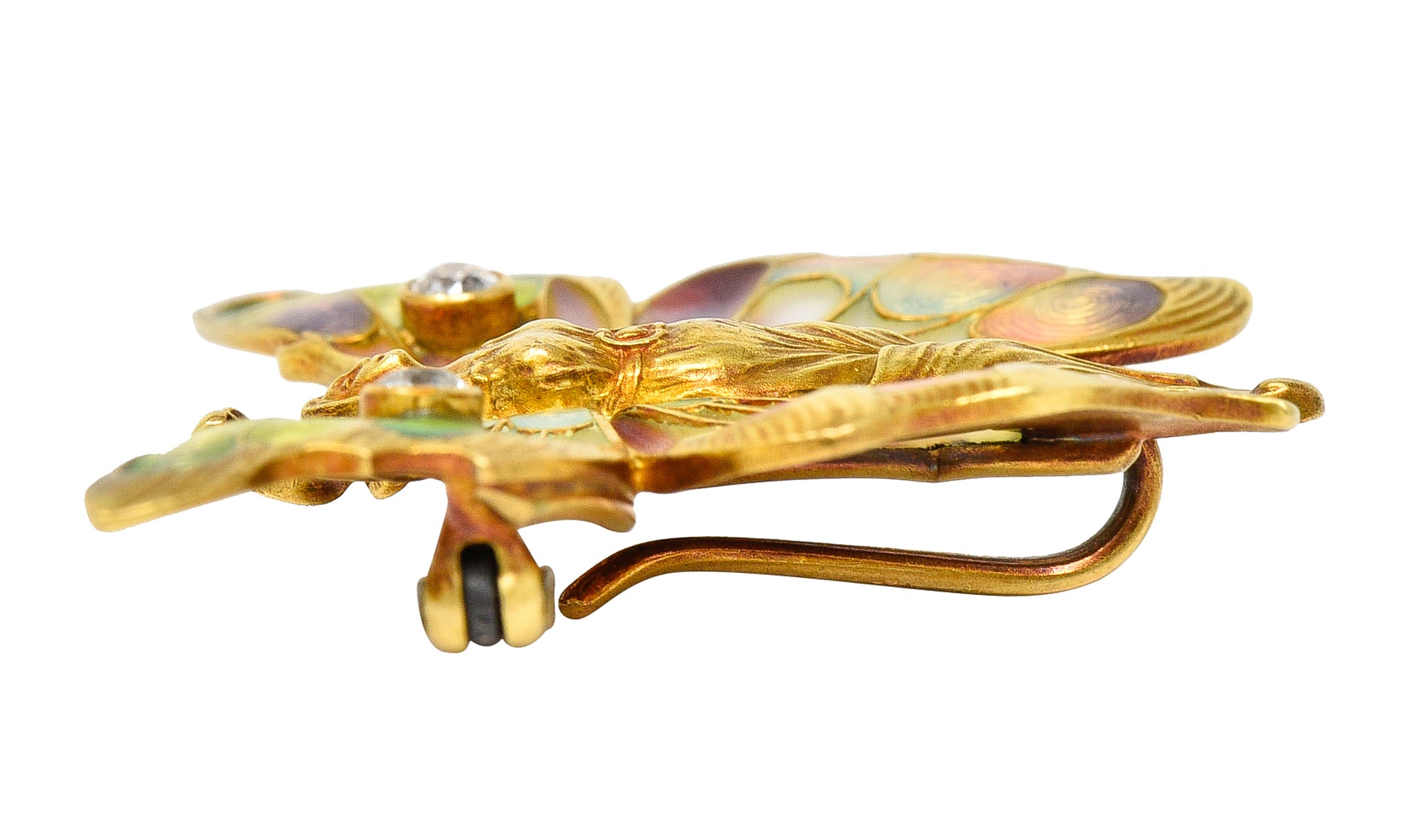 Whiteside & Blank Art Nouveau Plique-a-Jour Enamel Diamond 18 Karat Yellow Gold Fairy Brooch Wilson's Estate Jewelry