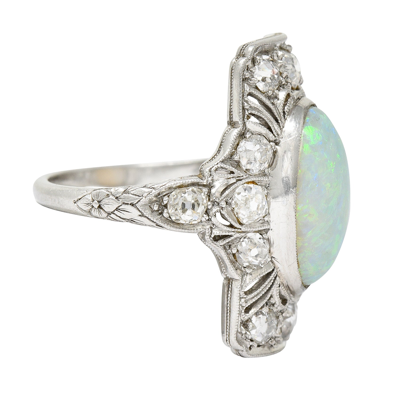 Edwardian Opal Cabochon Diamond Platinum Gemstone Dinner Ring Wilson's Estate Jewelry