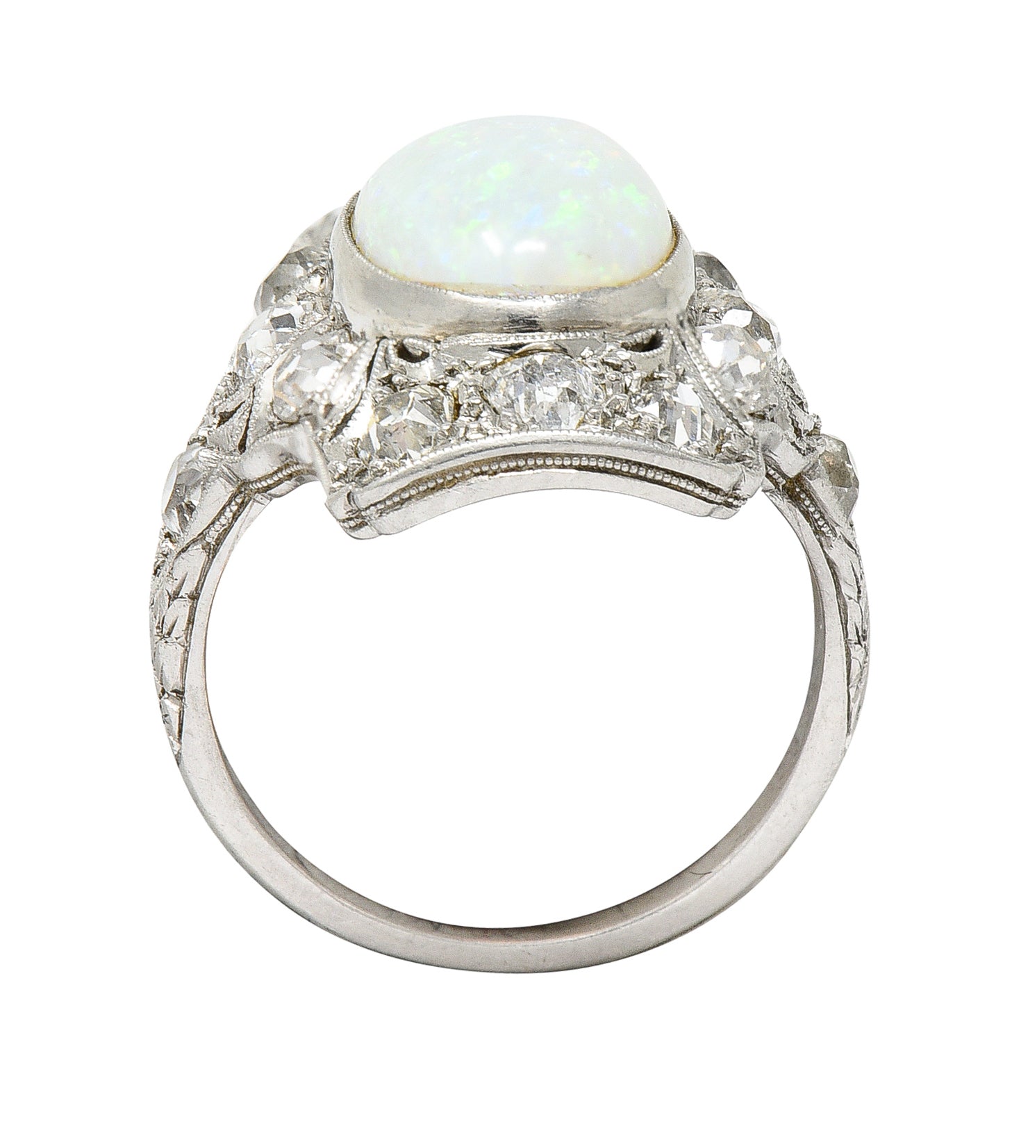 Edwardian Opal Cabochon Diamond Platinum Gemstone Dinner Ring Wilson's Estate Jewelry