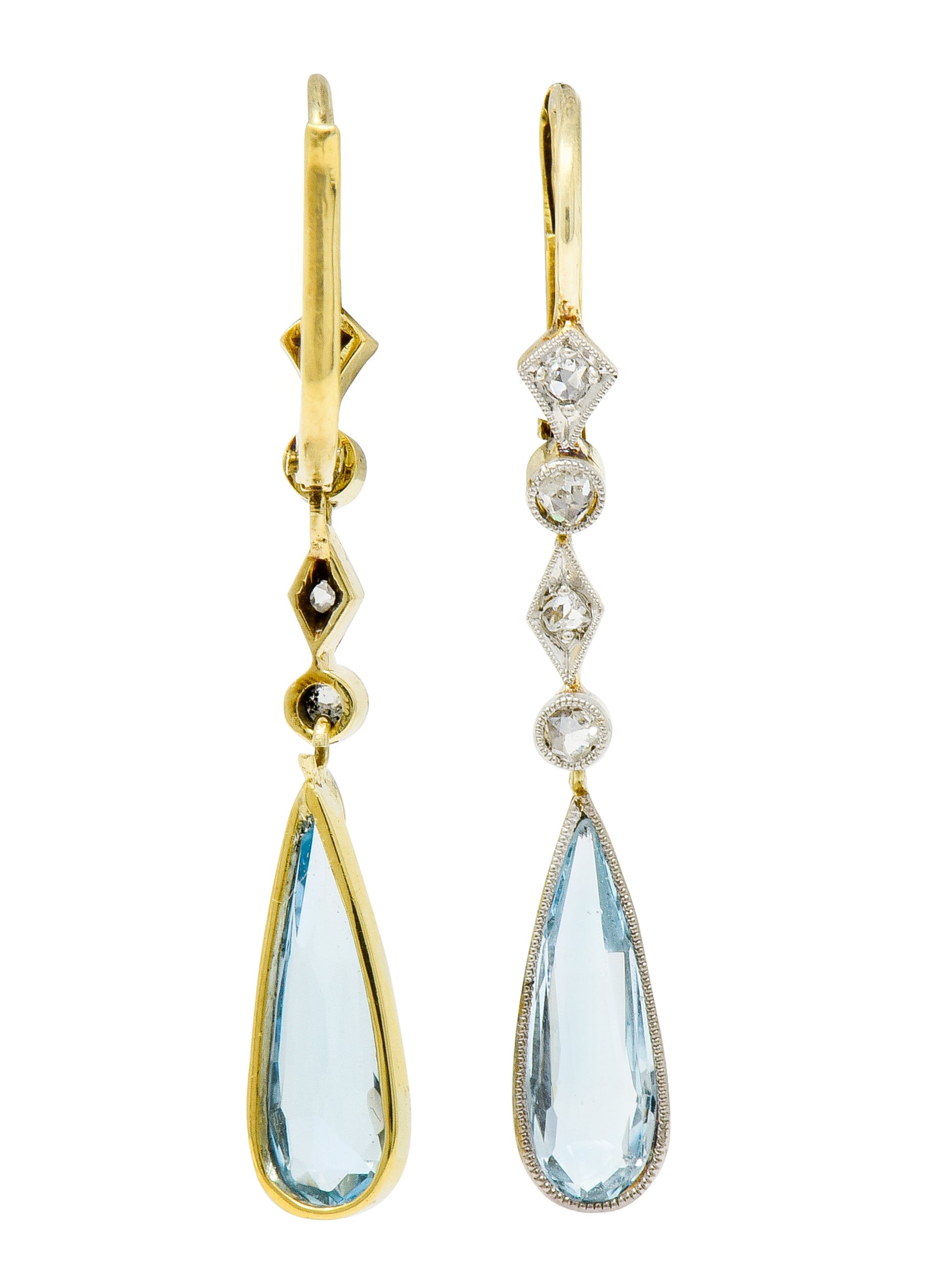 Edwardian Aquamarine Diamond Platinum-Topped Gold Drop Earrings - Wilson's Estate Jewelry