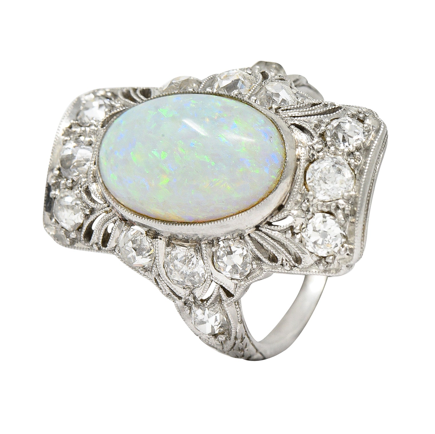 Edwardian Opal Cabochon Diamond Platinum Gemstone Dinner Ring Wilson's Estate Jewelry