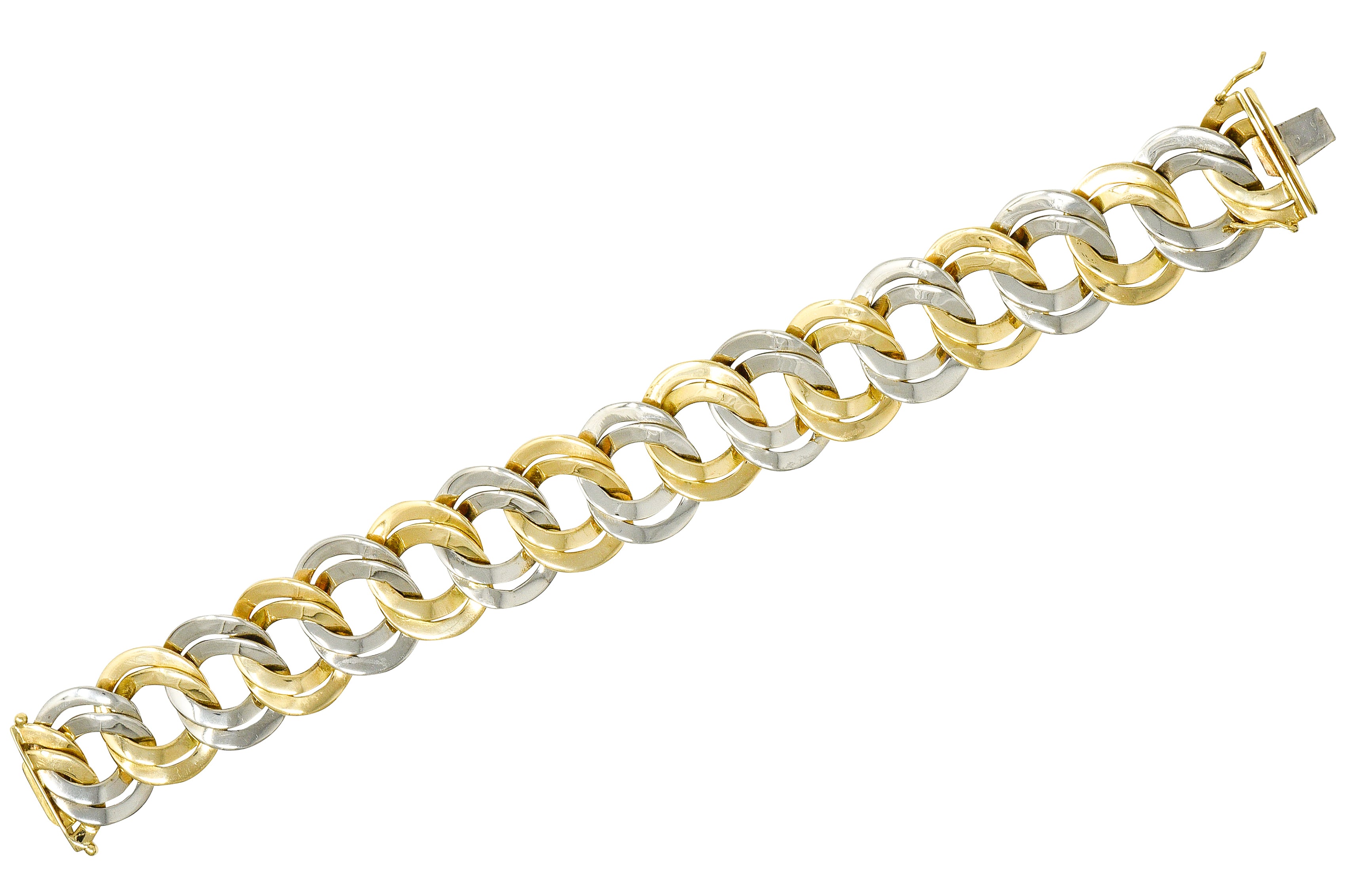 Cartier 1960's Modernist Mid-Century 18 Karat Two-Tone Gold Double Curb Chain Link Unisex Vintage Bracelet Wilson's Estate Jewelry