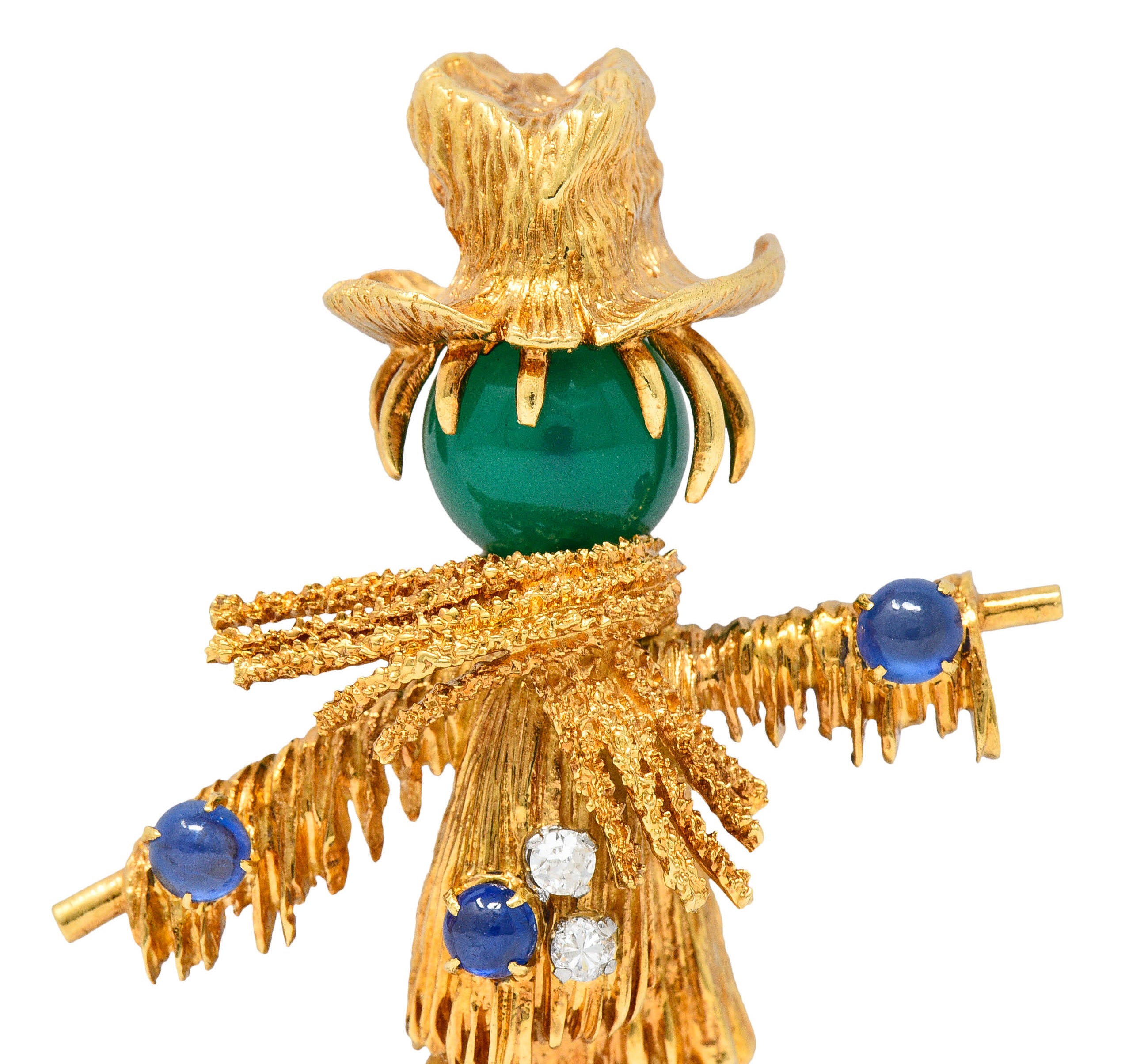 French Van Cleef & Arpels Ruby Sapphire Diamond Chrysoprase 18 Karat Gold Scarecrow Brooch 1965Brooch - Wilson's Estate Jewelry