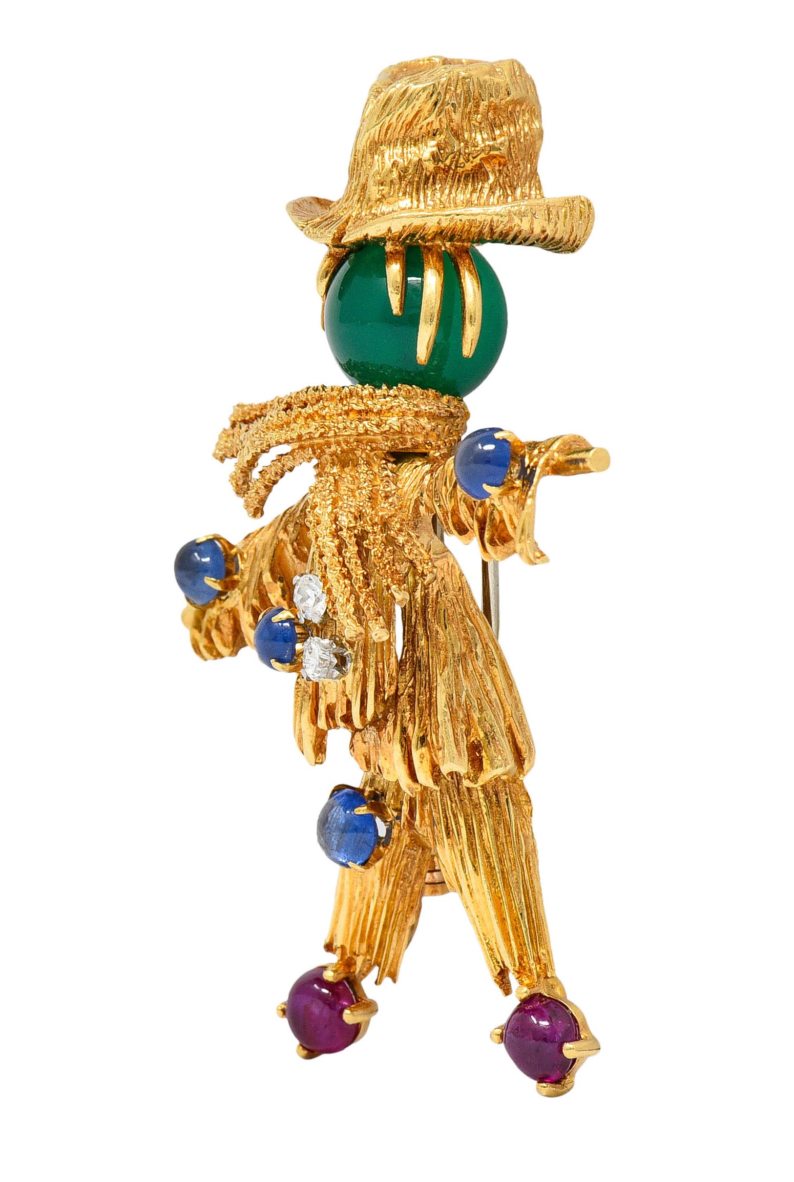 French Van Cleef & Arpels Ruby Sapphire Diamond Chrysoprase 18 Karat Gold Scarecrow Brooch 1965Brooch - Wilson's Estate Jewelry