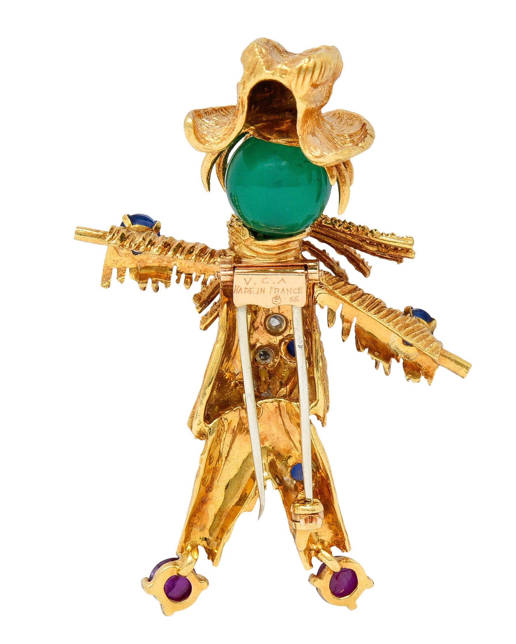 French Van Cleef & Arpels Ruby Sapphire Diamond Chrysoprase 18 Karat Gold Scarecrow Brooch 1965Brooch - Wilson's Estate Jewelry