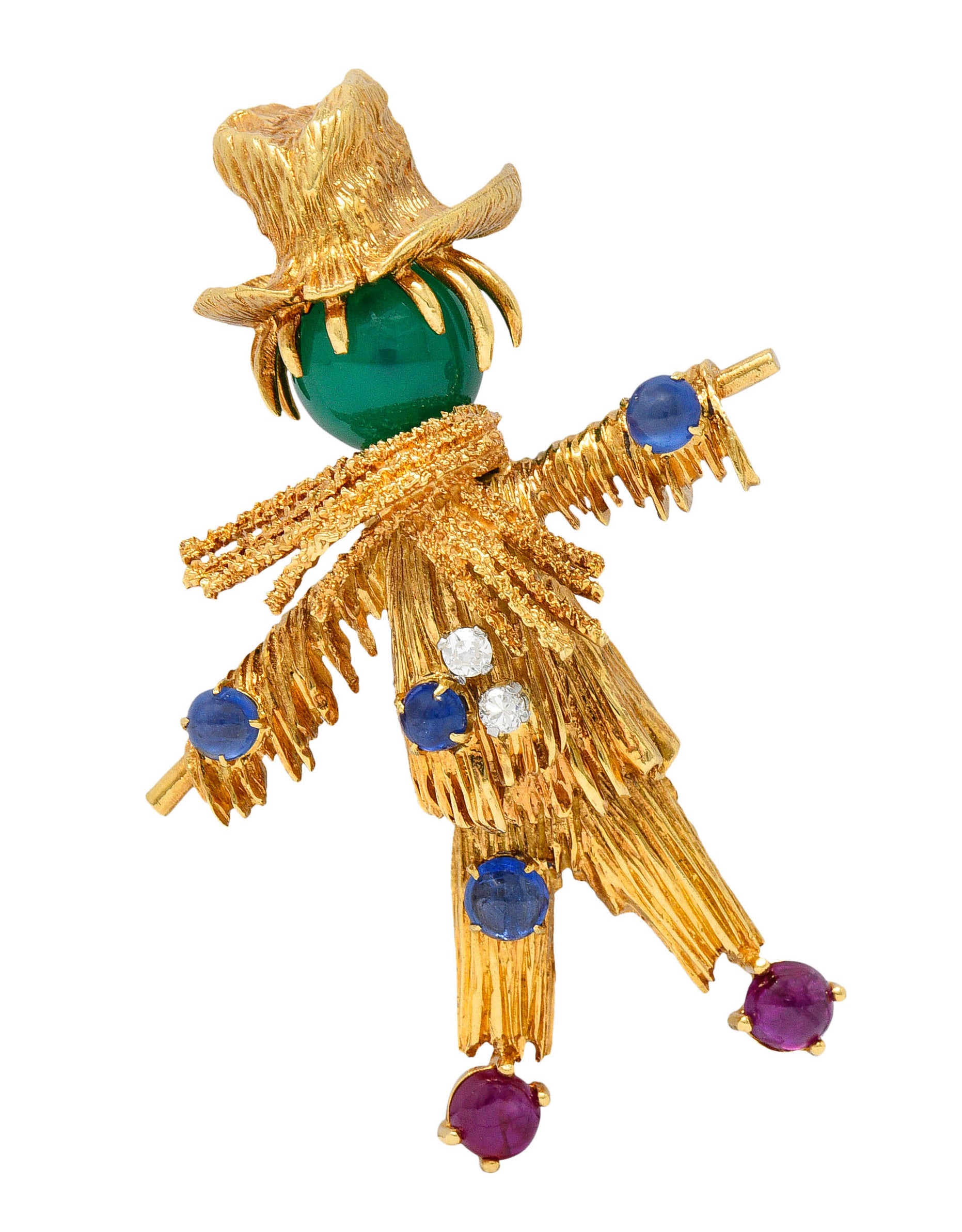 French Van Cleef & Arpels Ruby Sapphire Diamond Chrysoprase 18 Karat Gold Scarecrow Brooch 1965Brooch - Wilson's Estate Jewelry