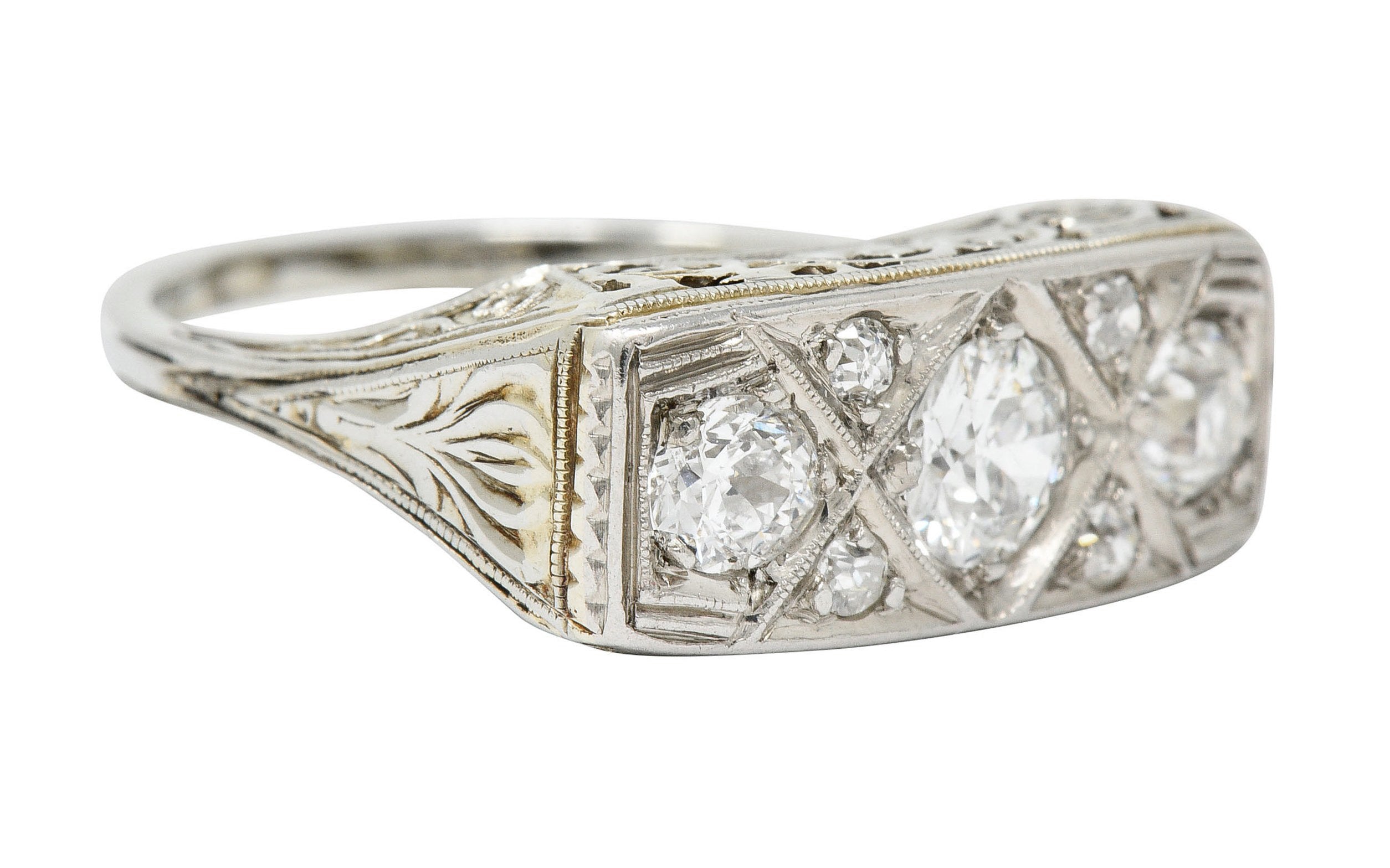 Edwardian 0.87 CTW Diamond Platinum-Topped 18 Karat White Gold Scrolled Band RingRing - Wilson's Estate Jewelry