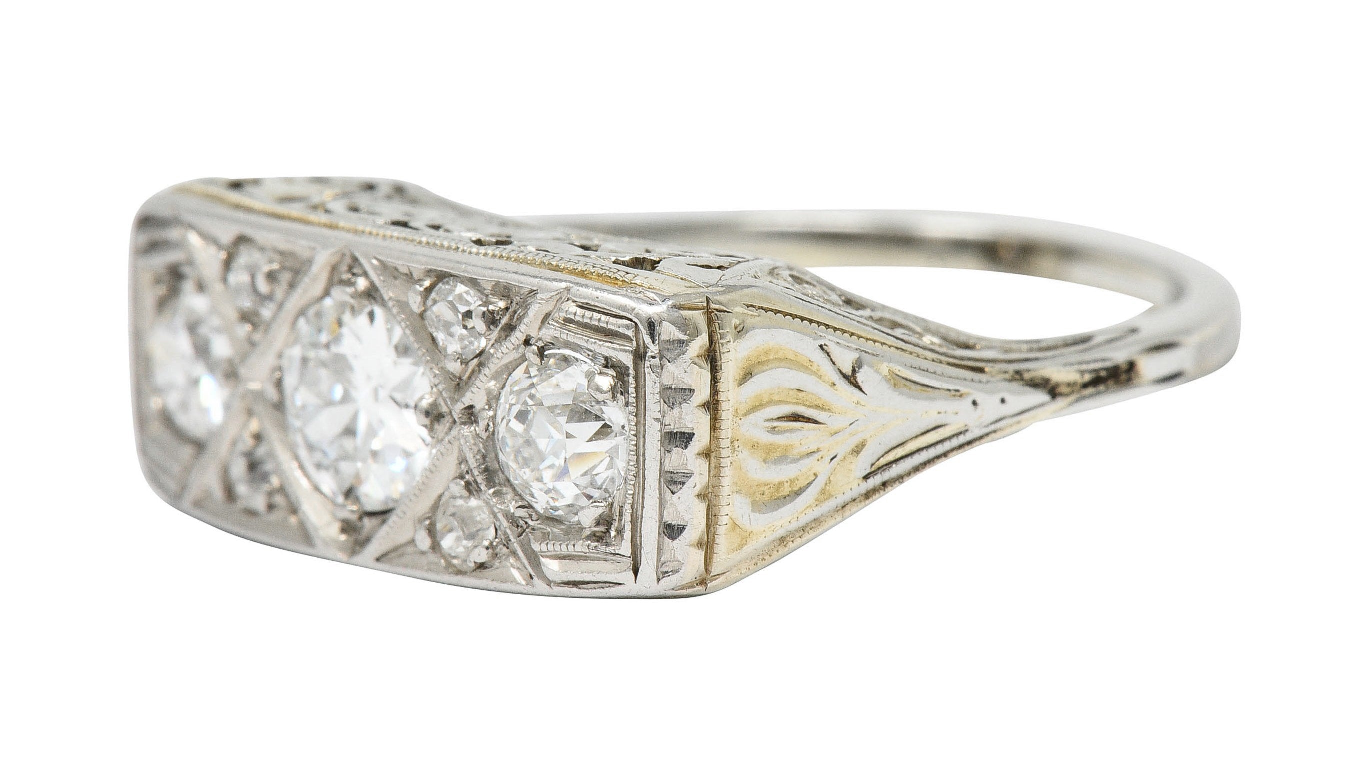 Edwardian 0.87 CTW Diamond Platinum-Topped 18 Karat White Gold Scrolled Band RingRing - Wilson's Estate Jewelry