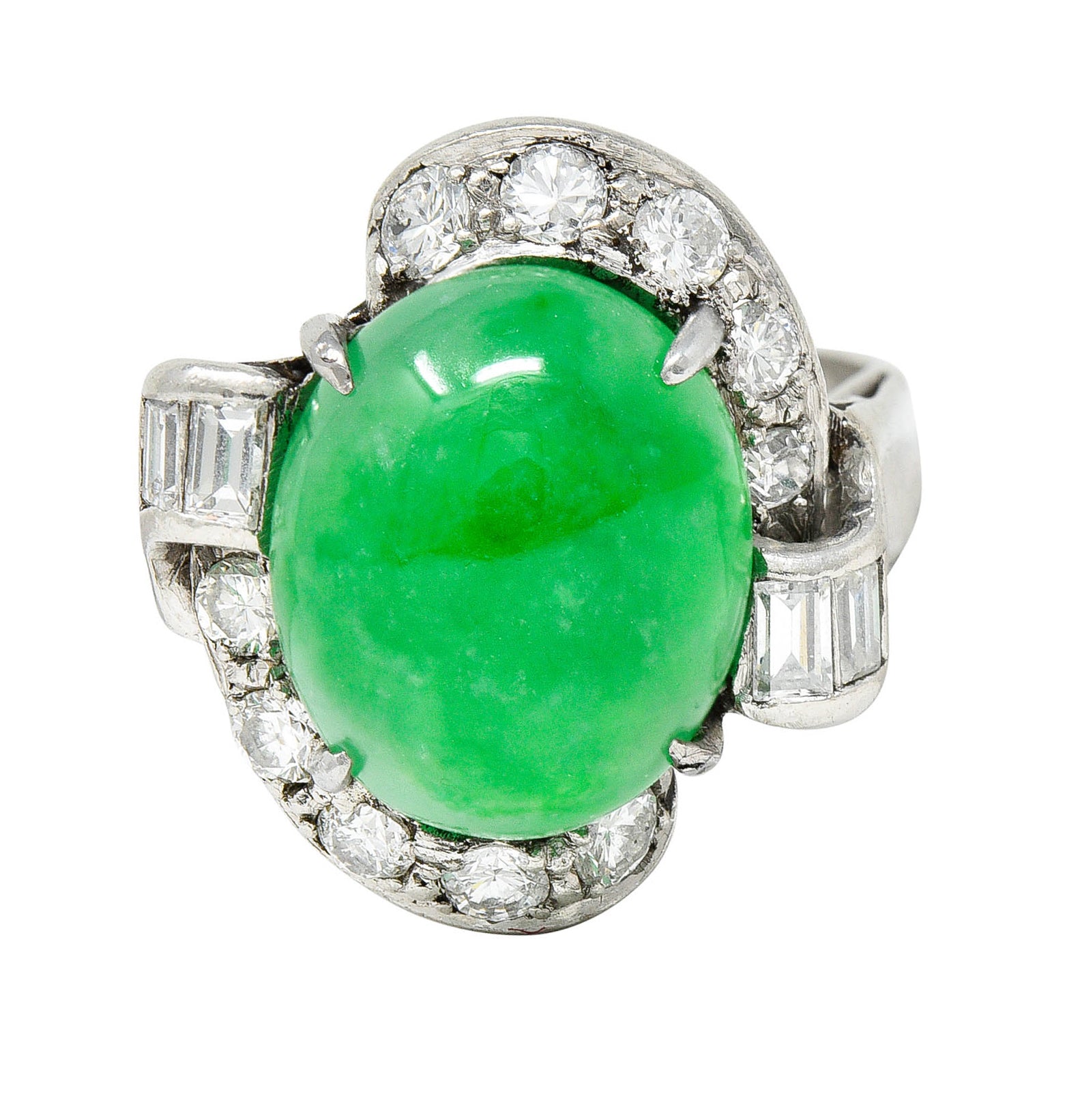 Mid-Century Jadeite Jade Diamond Platinum Bypass Ring GIARing - Wilson's Estate Jewelry