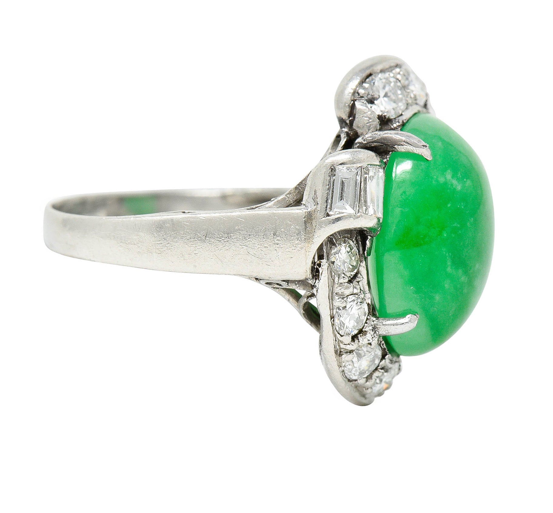 Mid-Century Jadeite Jade Diamond Platinum Bypass Ring GIARing - Wilson's Estate Jewelry