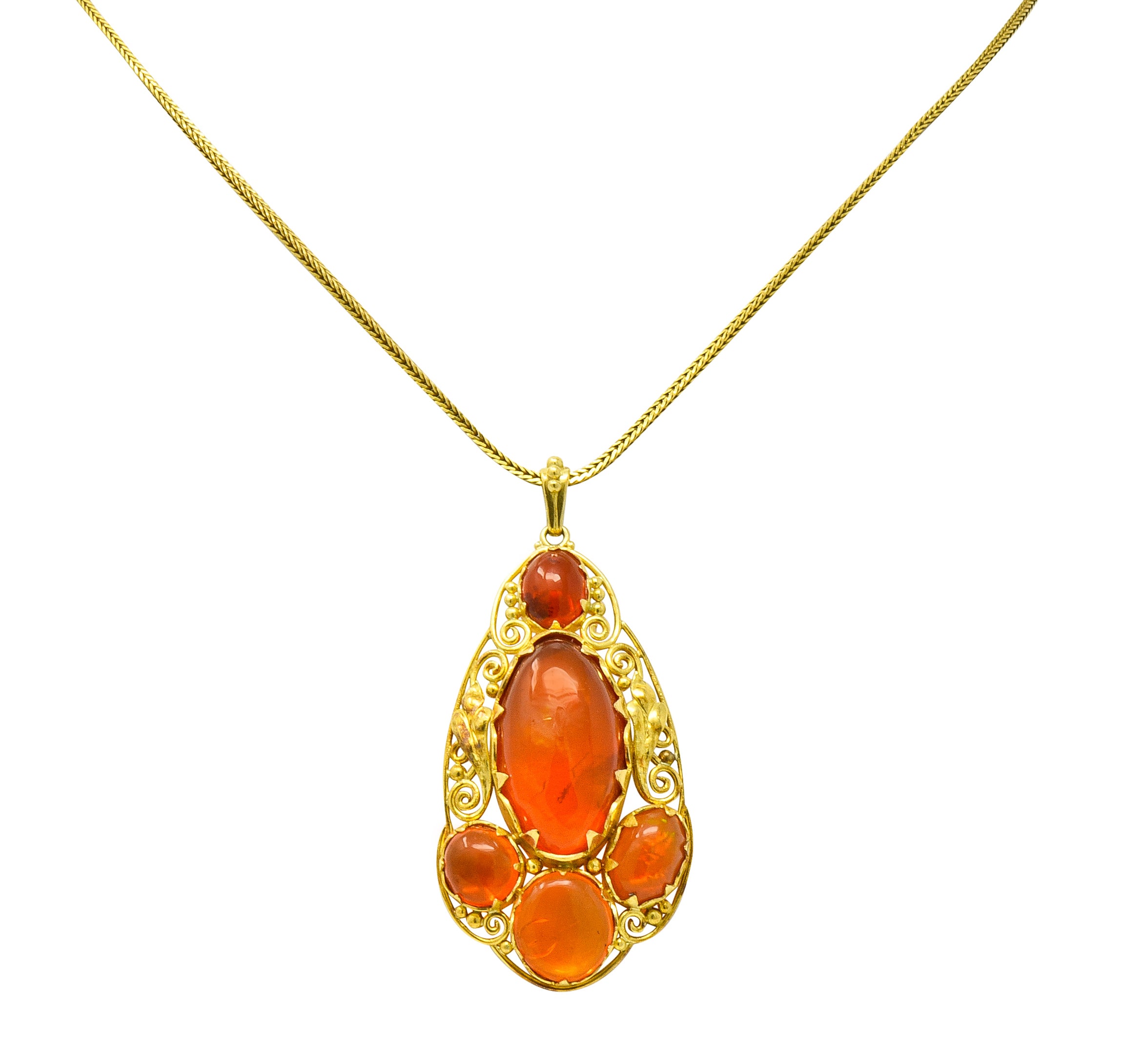 Arts & Crafts Mexican Fire Opal Cabochon 18 Karat Gold Pendant Necklace - Wilson's Estate Jewelry