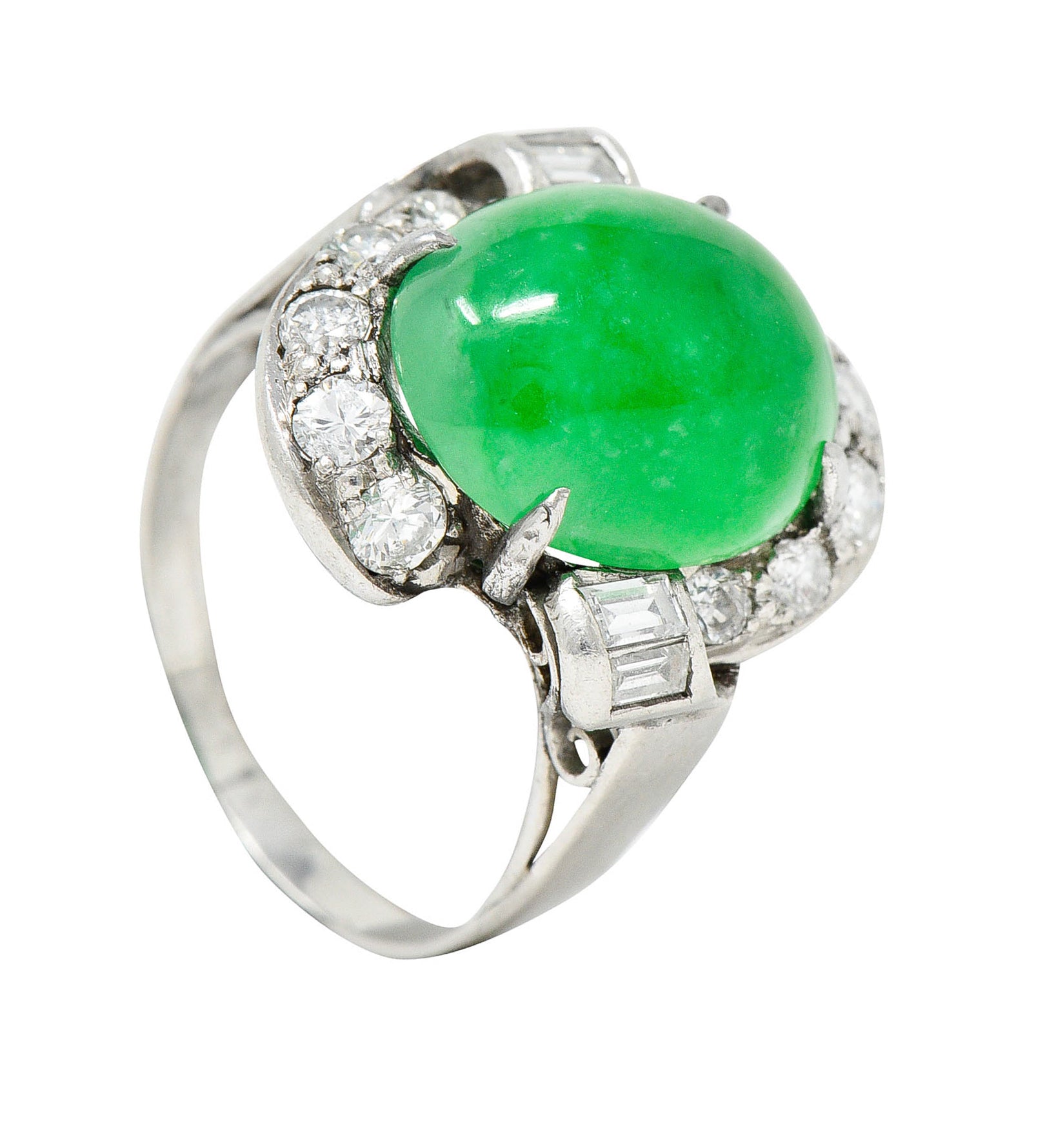 Mid-Century Jadeite Jade Diamond Platinum Bypass Ring GIARing - Wilson's Estate Jewelry