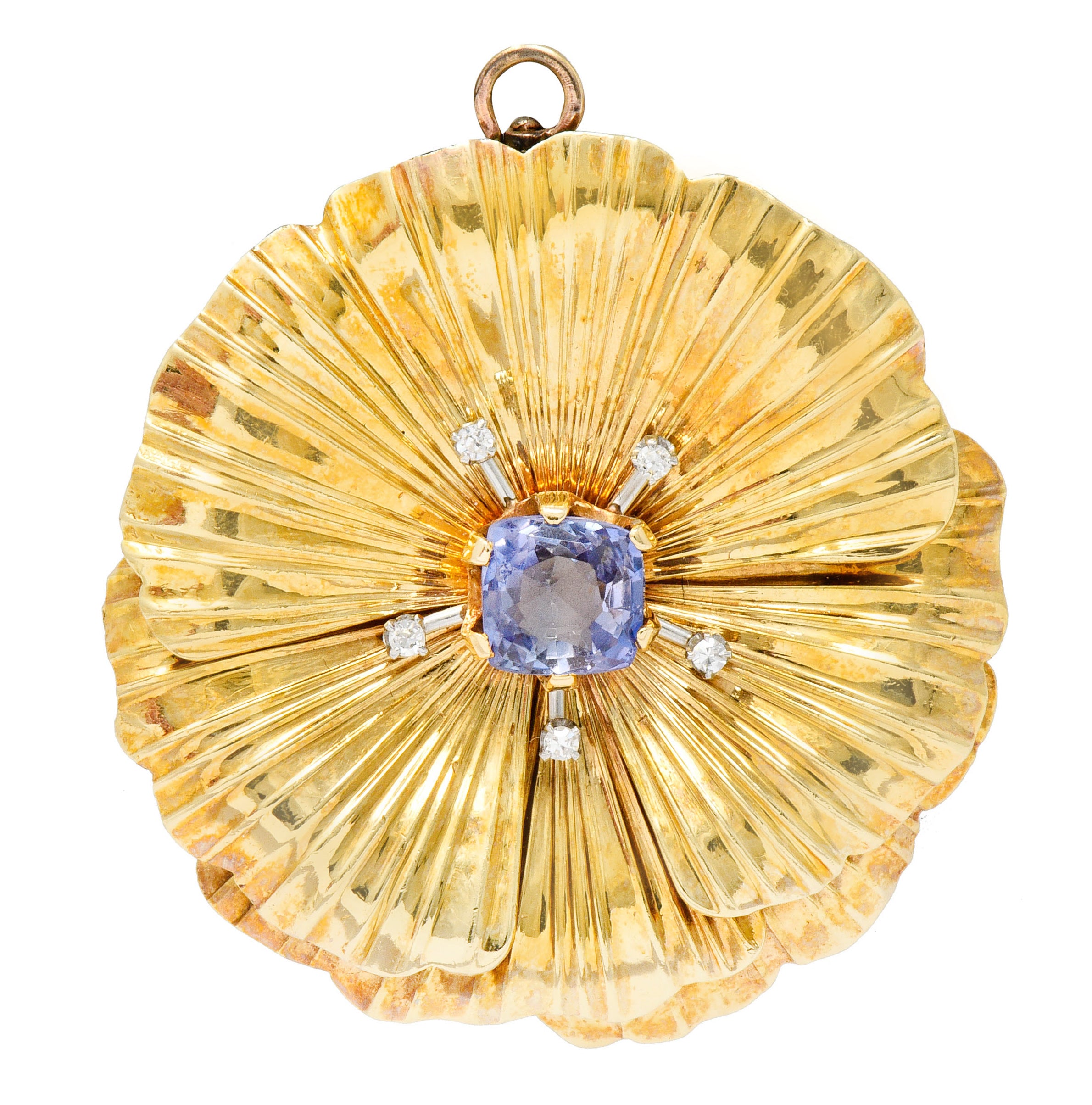 Retro Violet Sapphire Diamond 14 Karat Gold Floral Pendant BroochBrooch - Wilson's Estate Jewelry